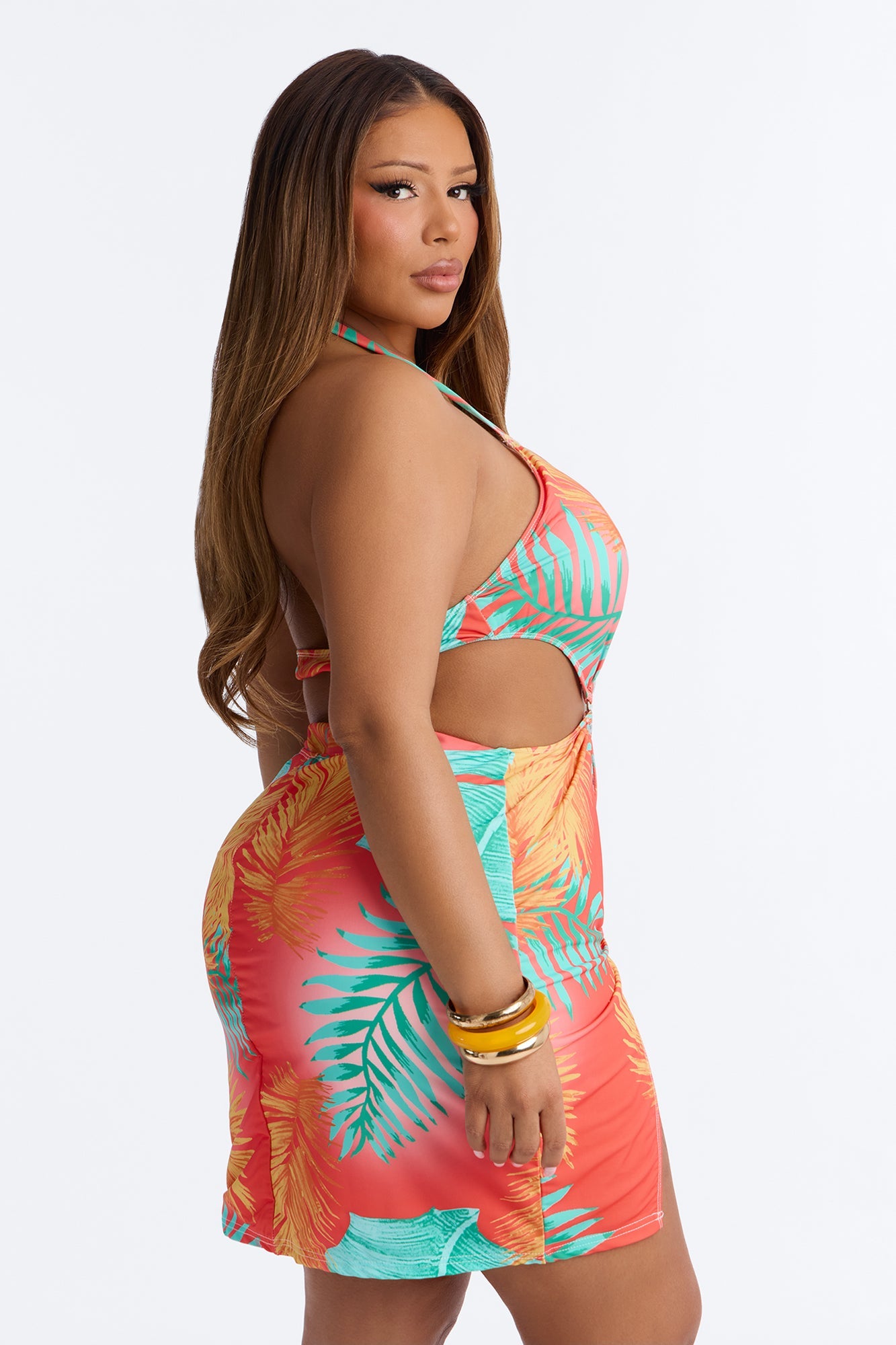 Sunset Sips Swim Cover Up Dress With Attached Bikini Bottom - Multi Color