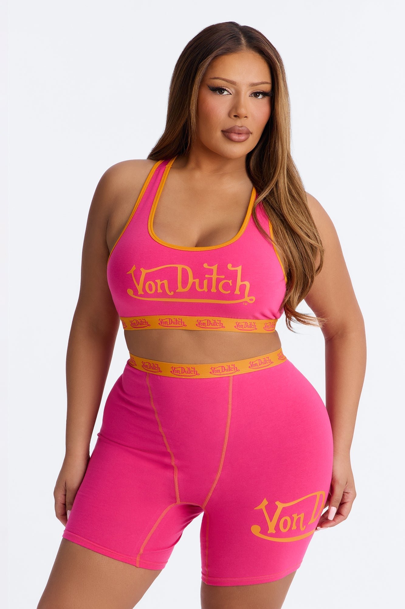 Von Dutch Contrast Stitching Bralette Boyshort High Waist 2 Piece Set - Fuchsia