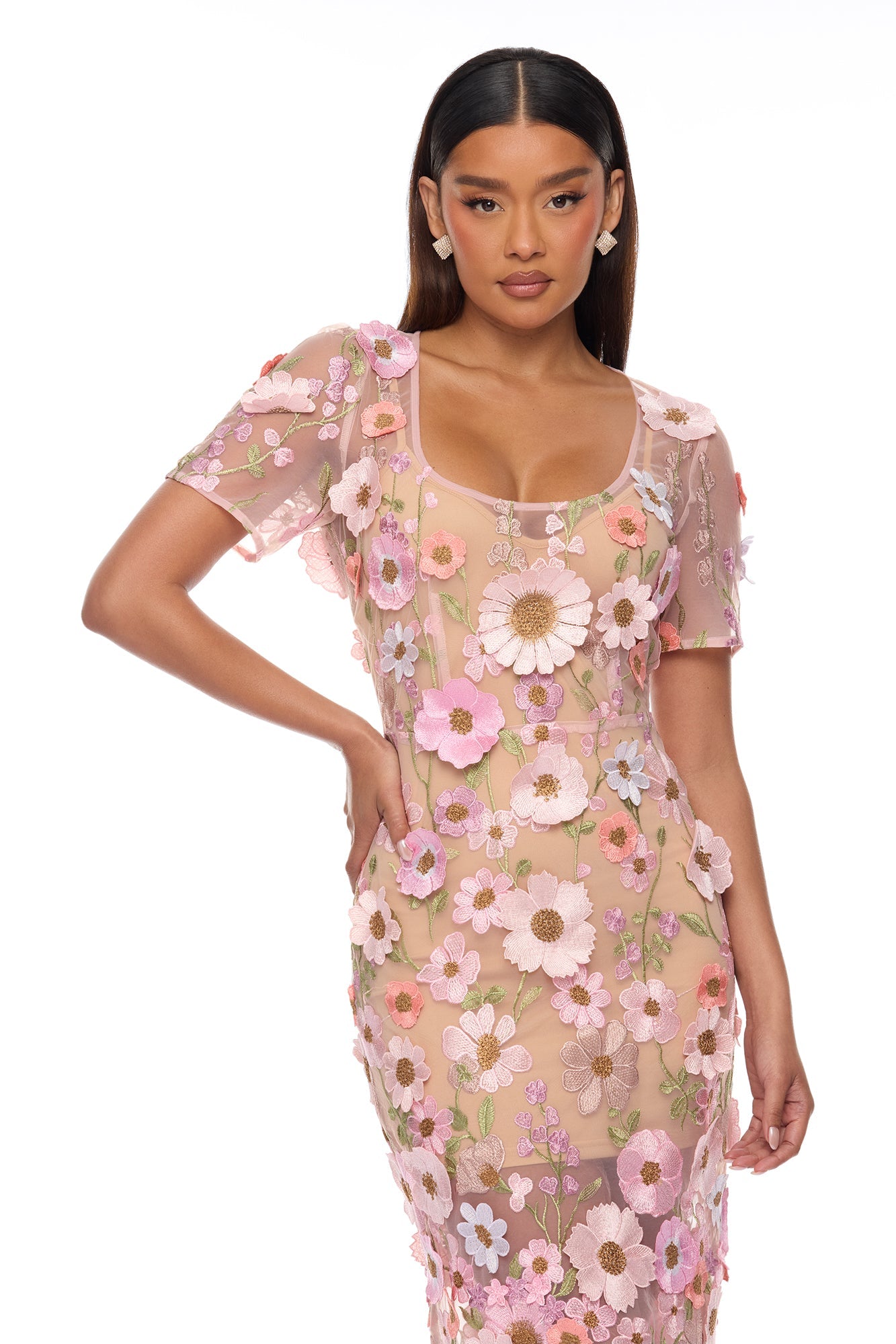 Rosewood Floral Embroidered Mesh Midi Dress - Pink/combo