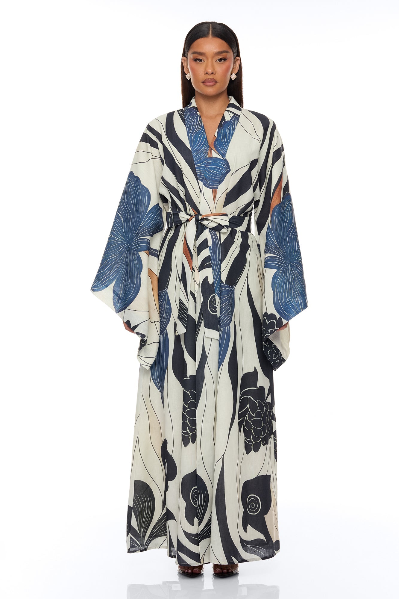 Daniella Bell Sleeve Linen Kimono - Navy/combo
