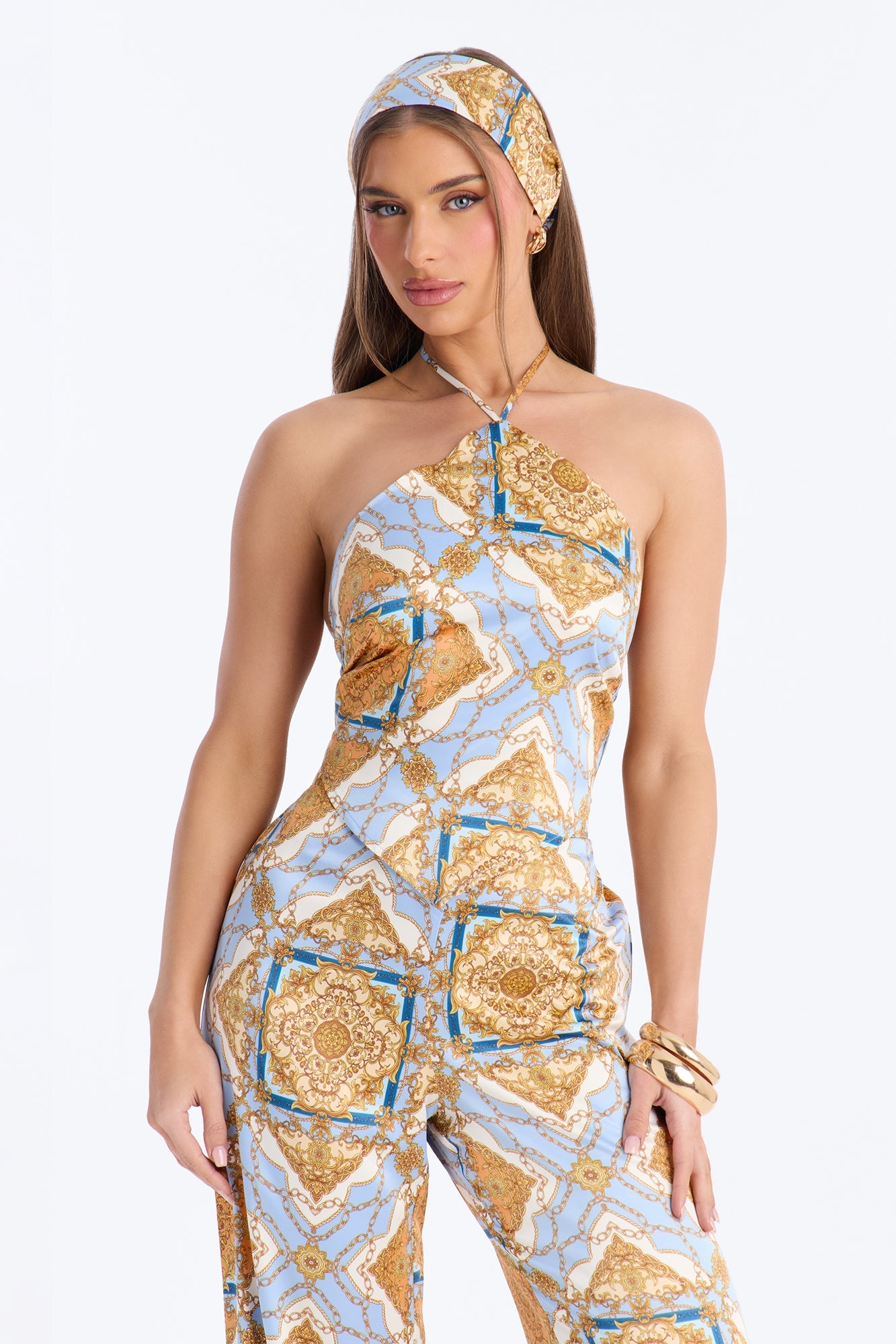 Nadia Satin 3 Piece Pant Set - Blue/combo