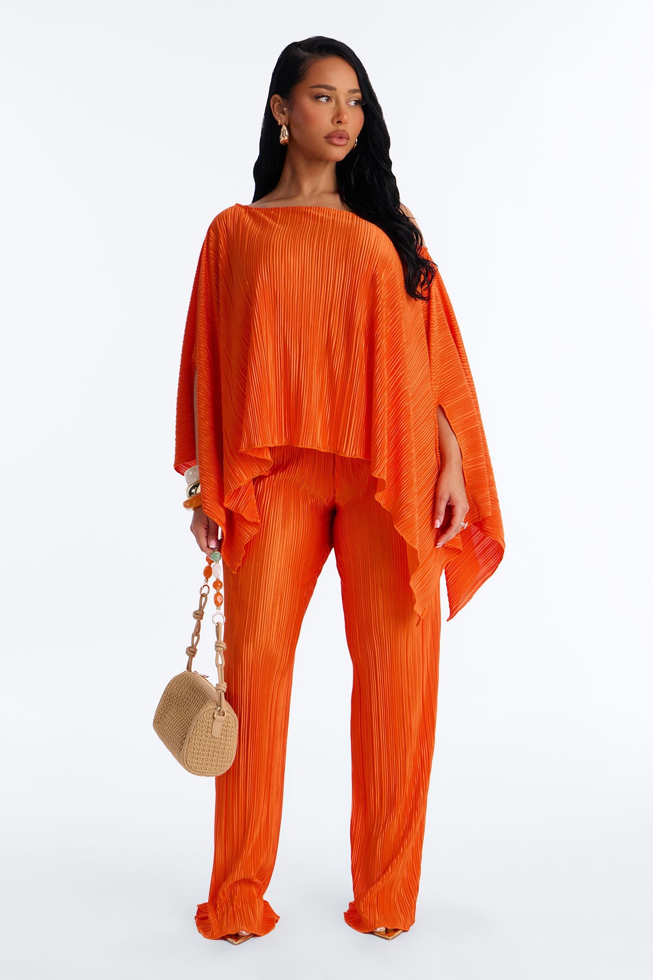 On The Horizon Off Shoulder Plisse Pant Set - Orange