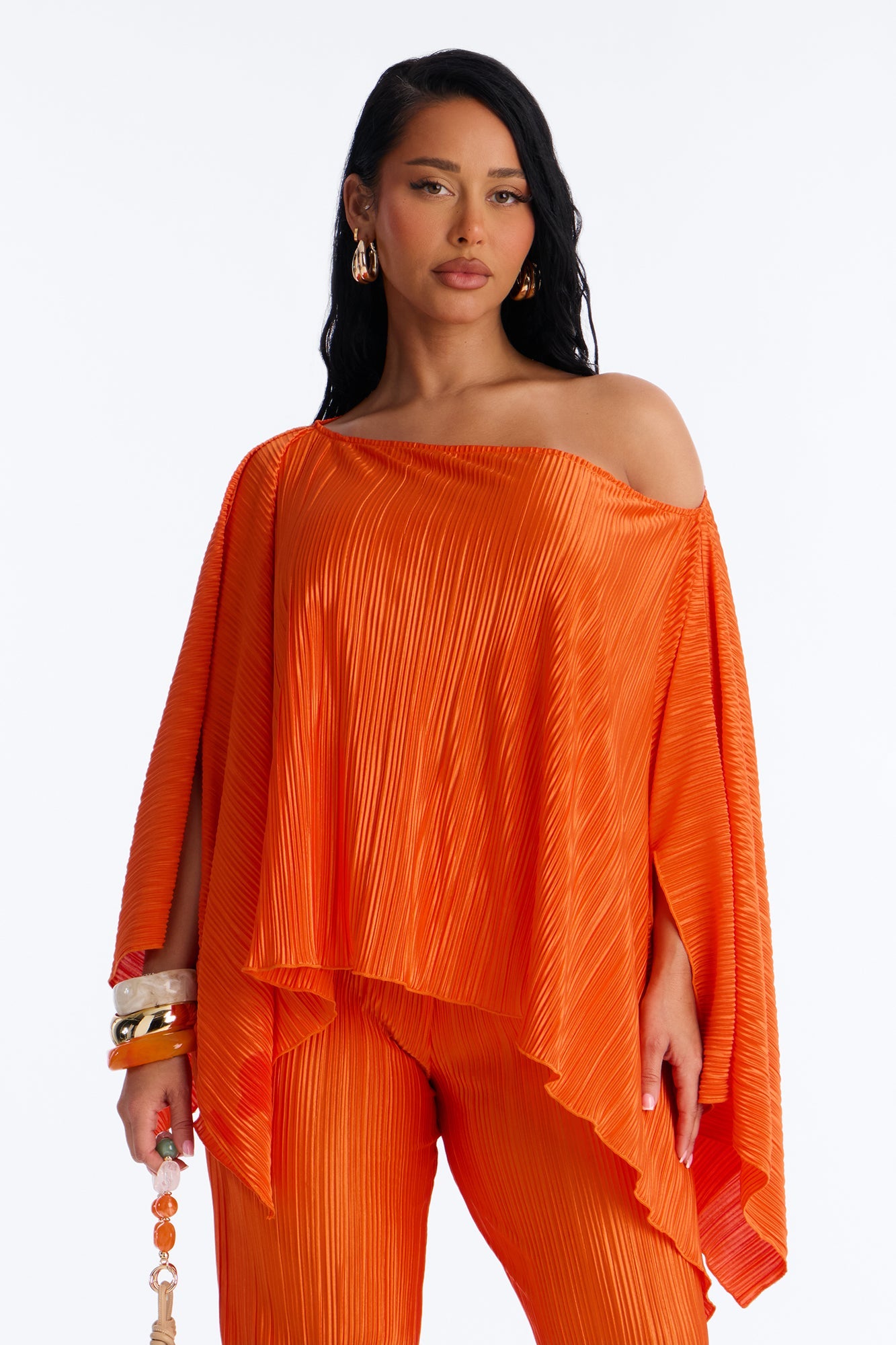 On The Horizon Off Shoulder Plisse Pant Set - Orange