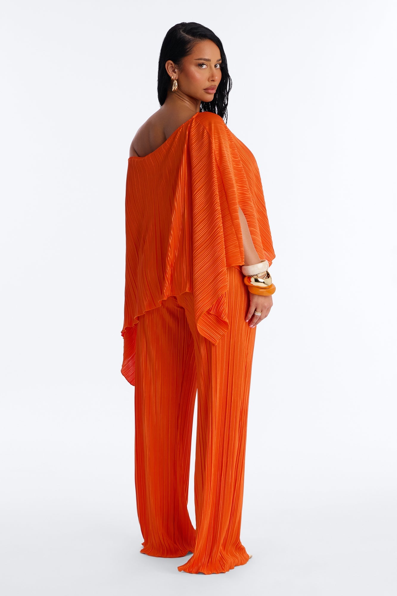 On The Horizon Off Shoulder Plisse Pant Set - Orange