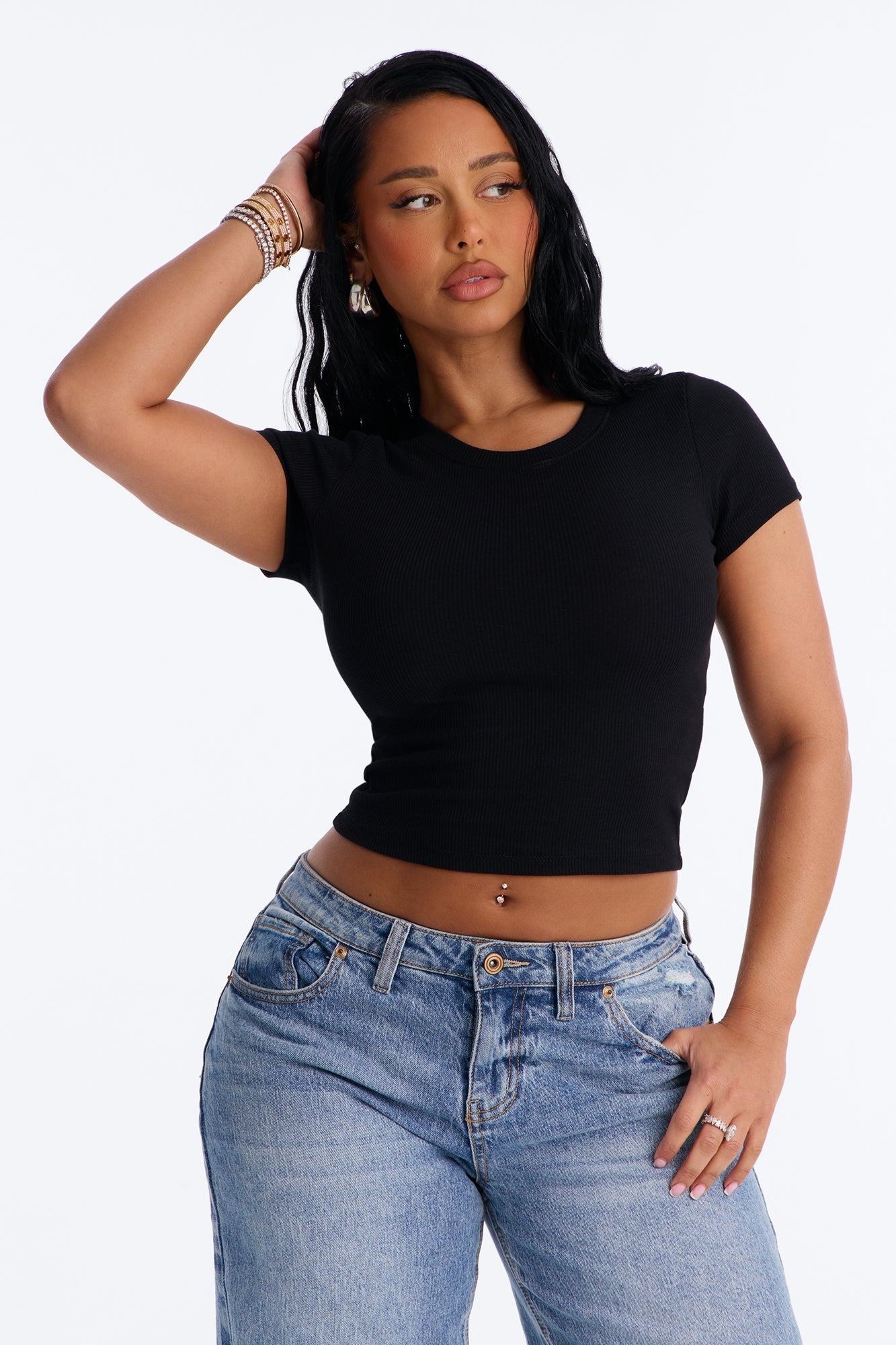 Cotton Rib Crew Neck Baby Tee - Black