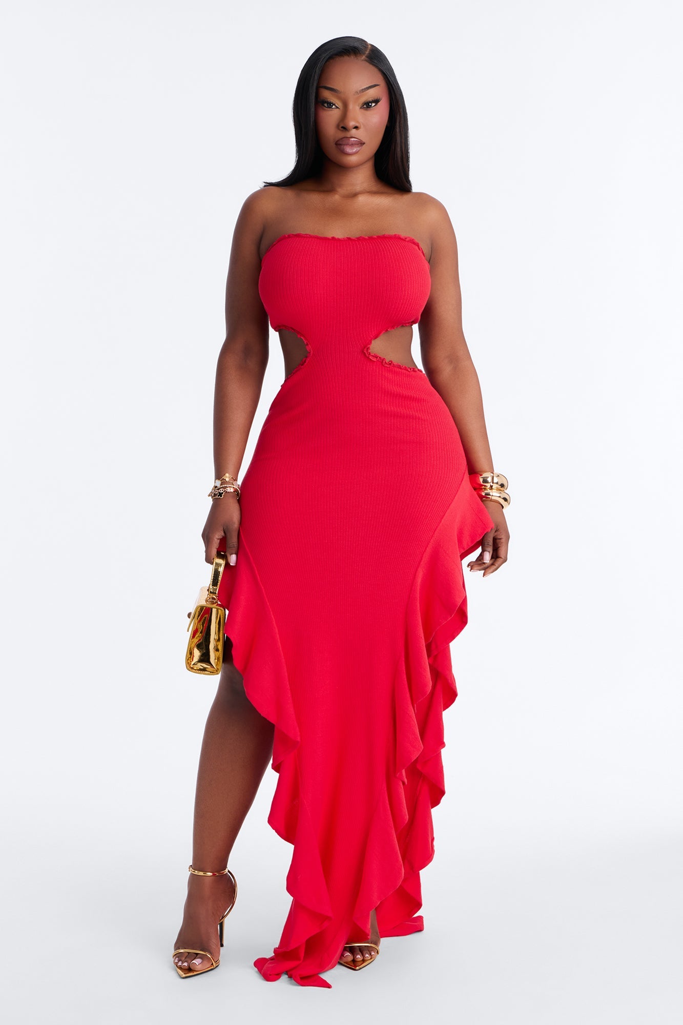 Baddie Behavior Ruffle Ribbed Maxi Dress - Red