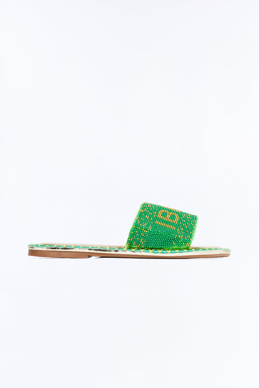 Ibiza Beaded Slip On Sandals - Green