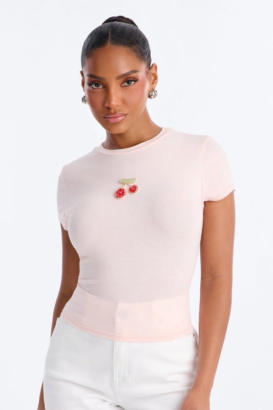 Cherry Embellished Baby Tee - Light Pink