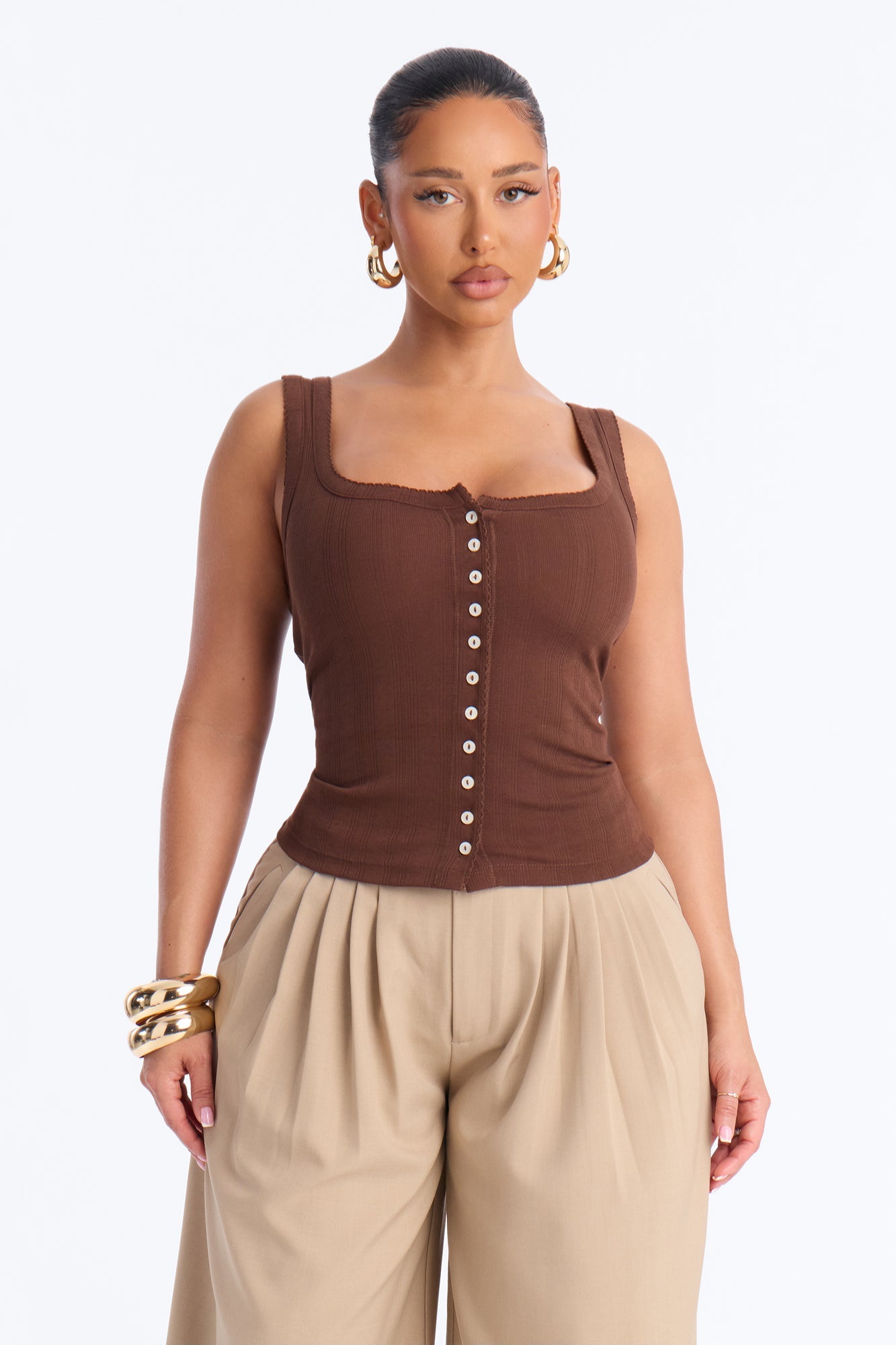 Pointelle Button Front Scoop Neck Tank Top - Chocolate