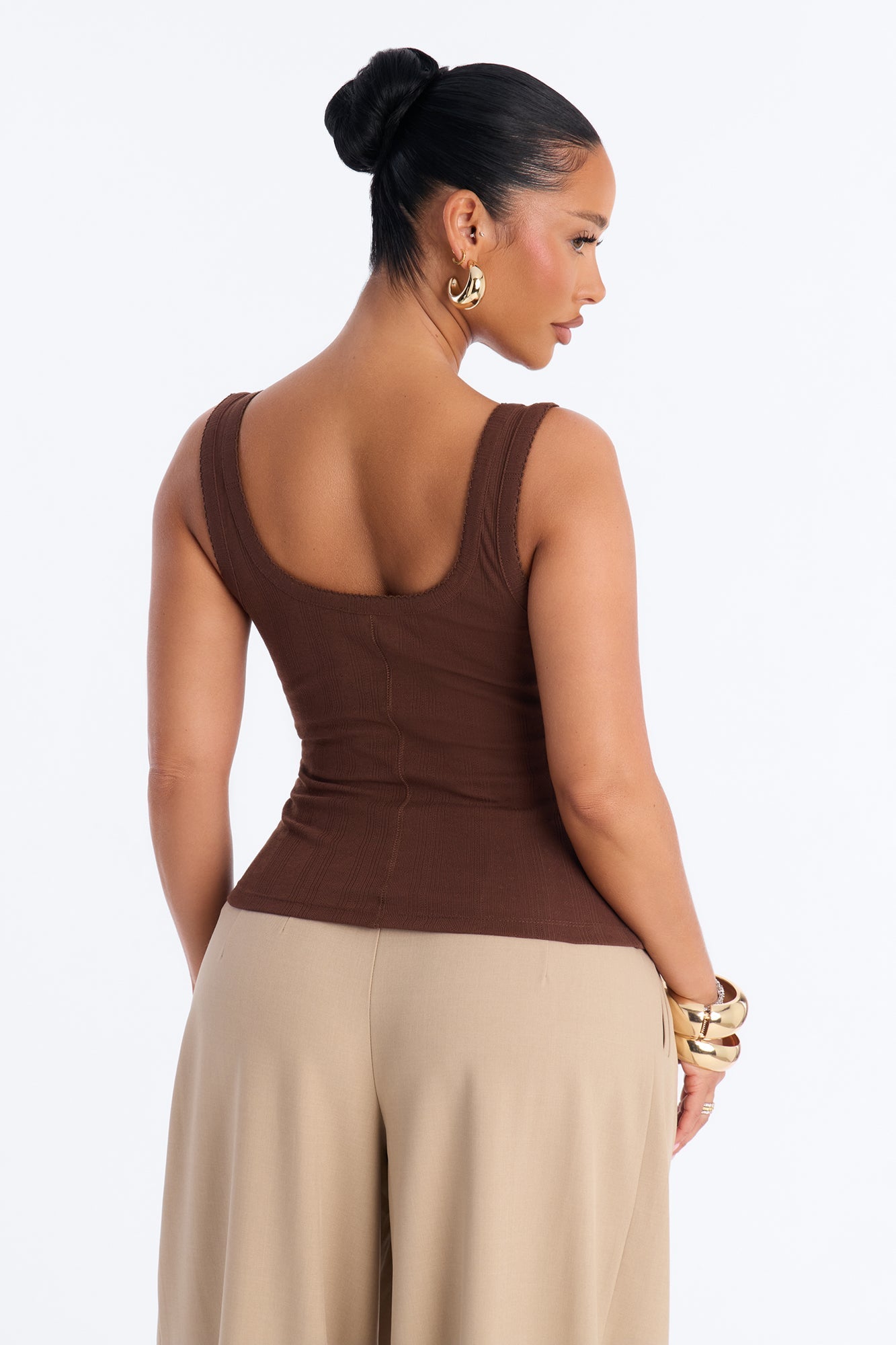 Pointelle Button Front Scoop Neck Tank Top - Chocolate