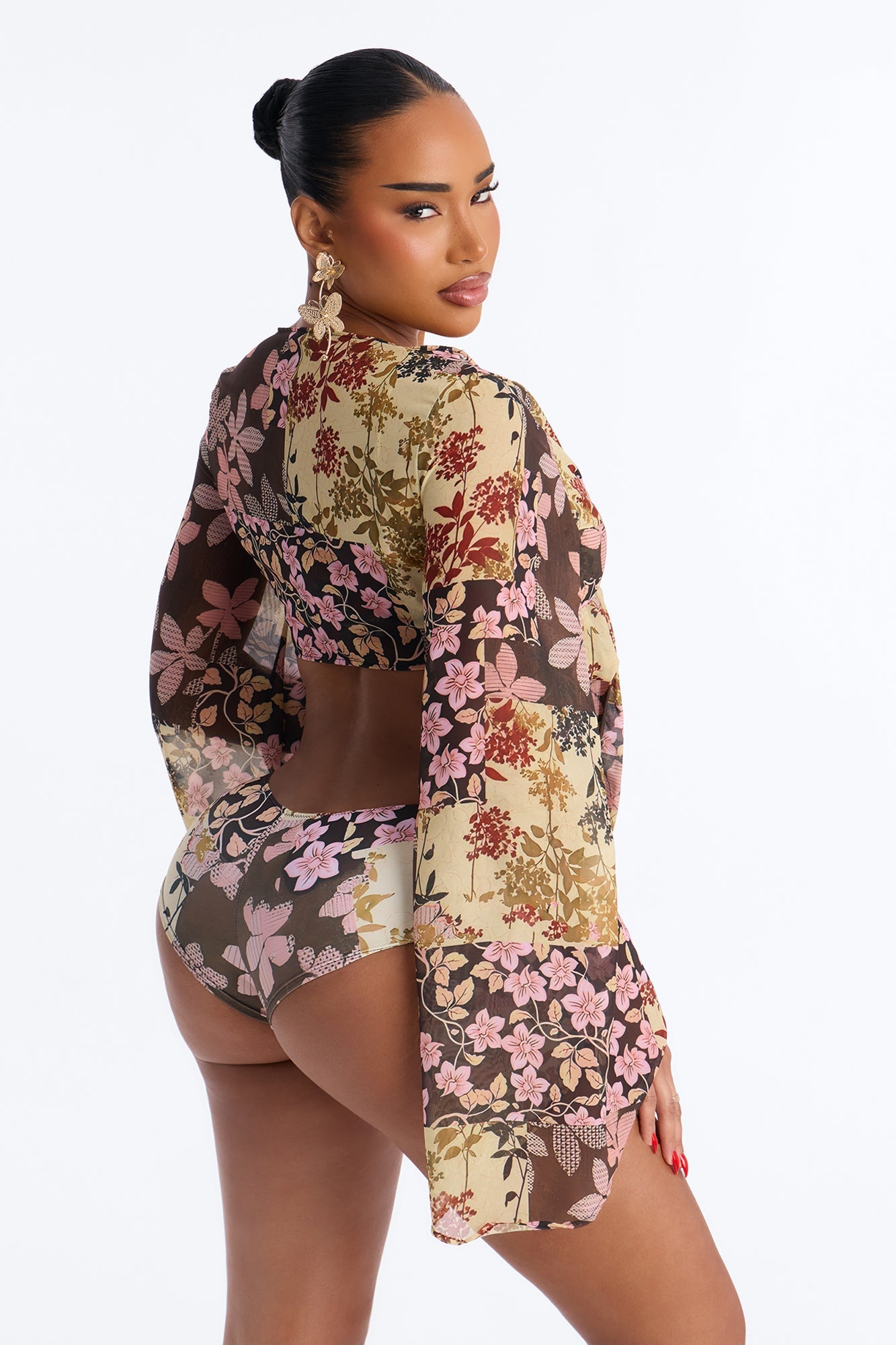 Warm Vacay Sheer Flare Sleeve Front Tie Boyshort 3 Piece Bikini Set - Brown/combo