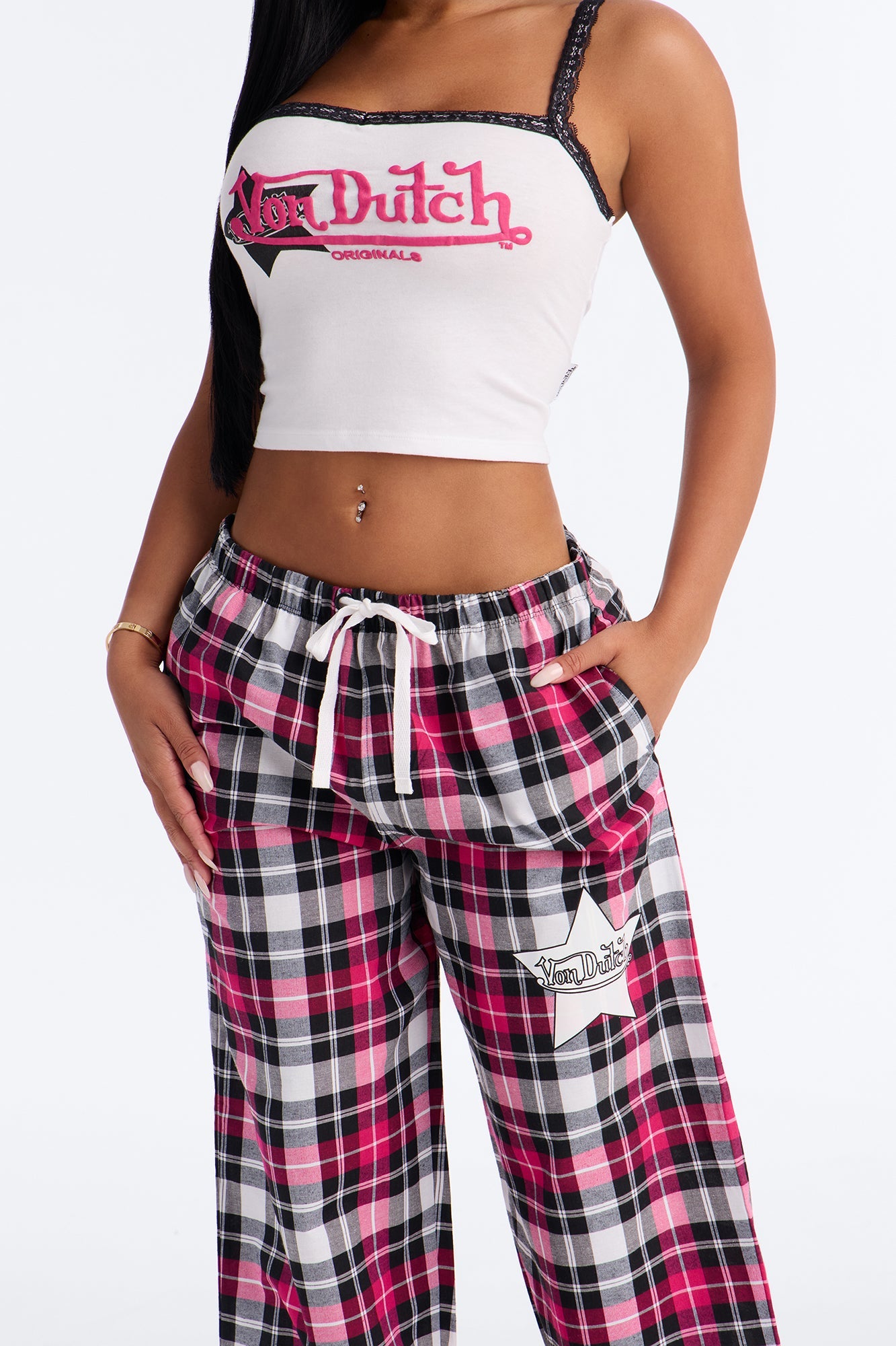 Von Dutch Plaid Star PJ Pant Set - Black/Pink