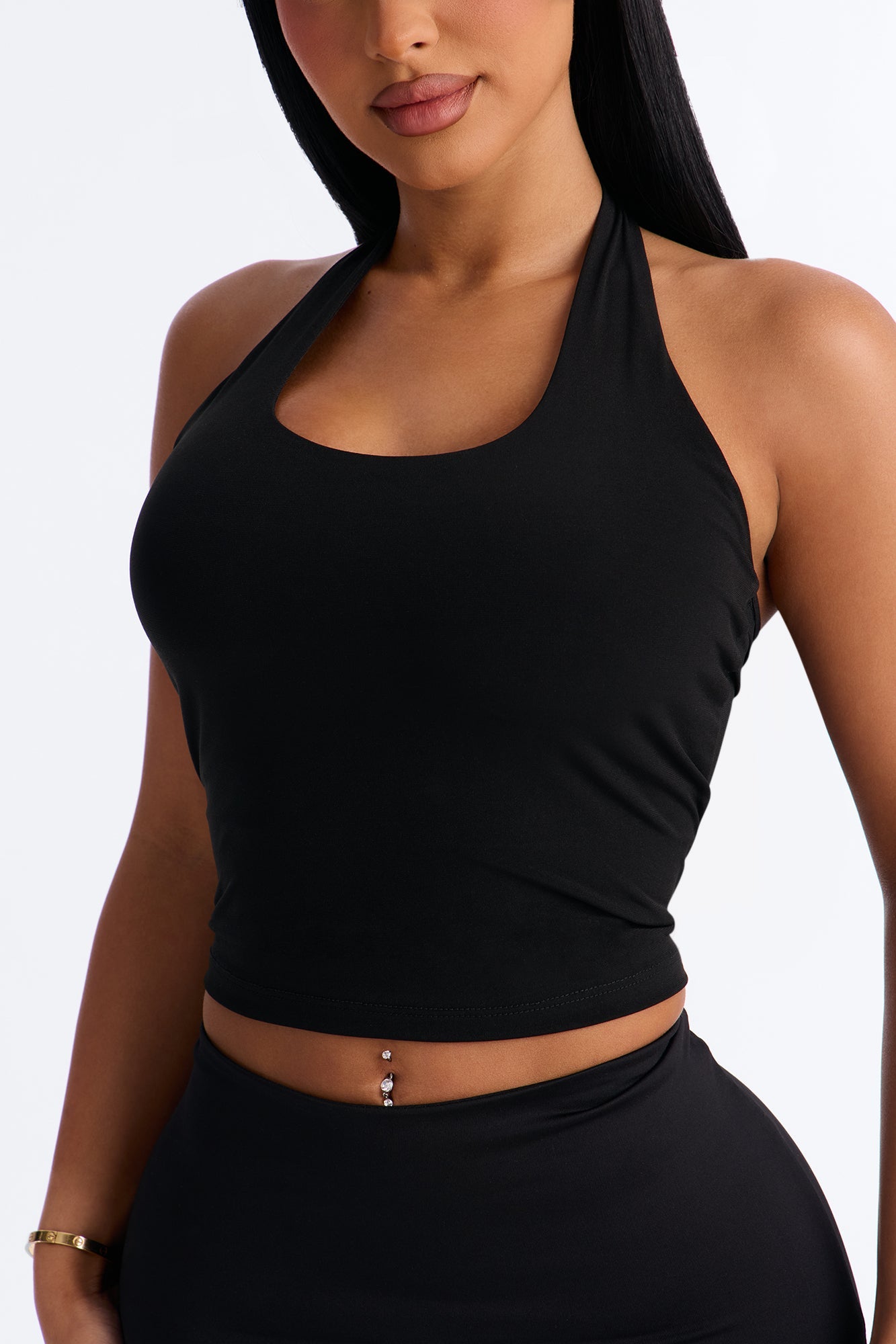 Hana Double Lined Cotton Blend Halter Tank Top - Black