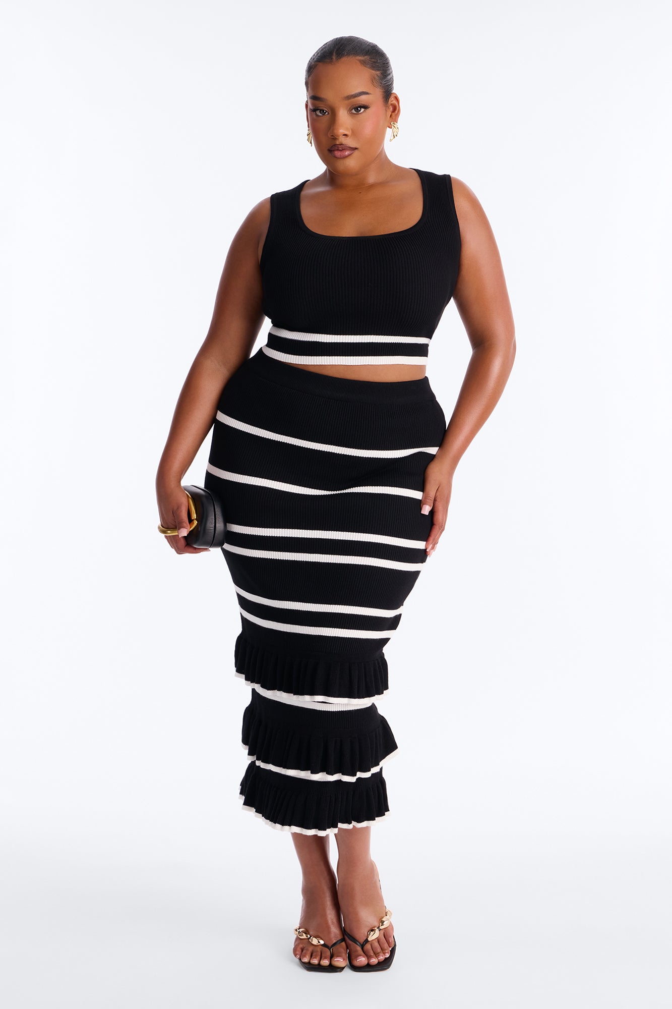 Renee Striped Sweater Ruffle Maxi Skirt Set - Black