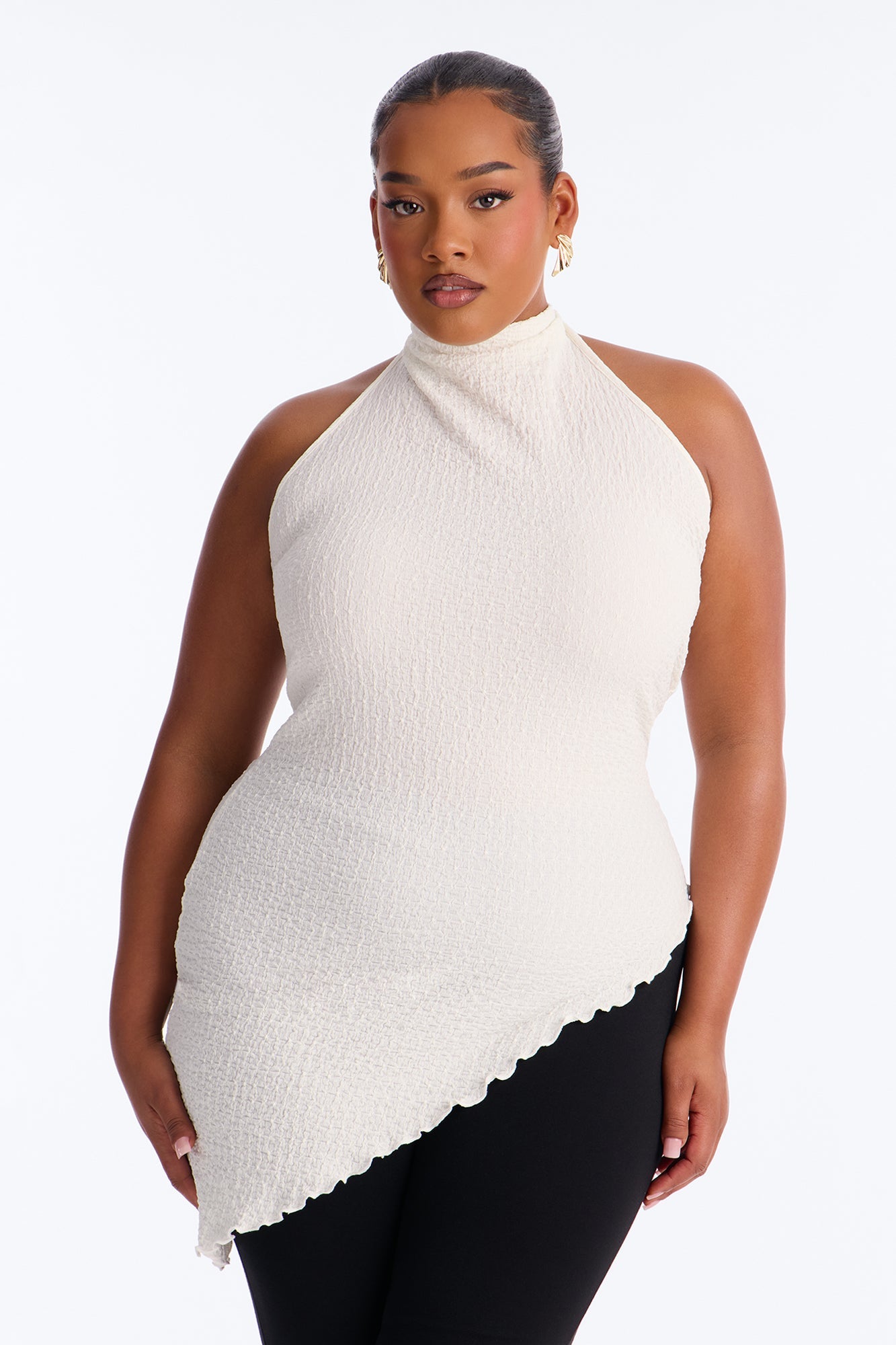 Barbados Textured Asymmetrical Halter Mock Neck Top - Ivory