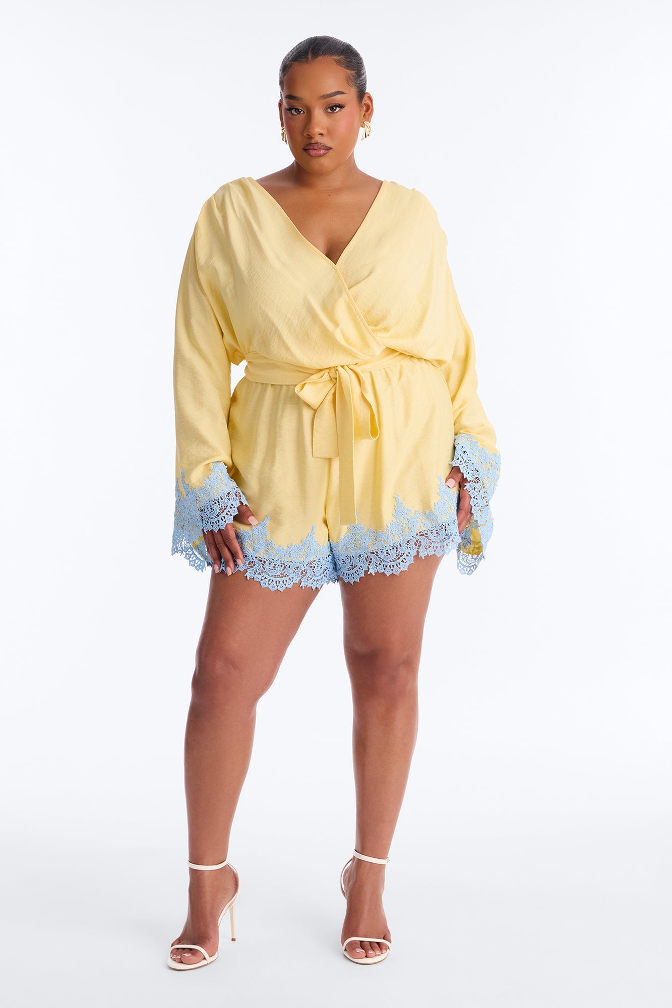 Cherie Lace Trim Tie Waist Romper - Butter Yellow