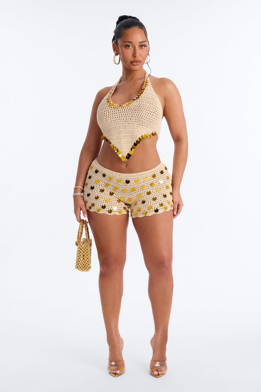 Meadow Crochet 2 Piece Embellished Halter Swim Cover Up & Short Set - Cream