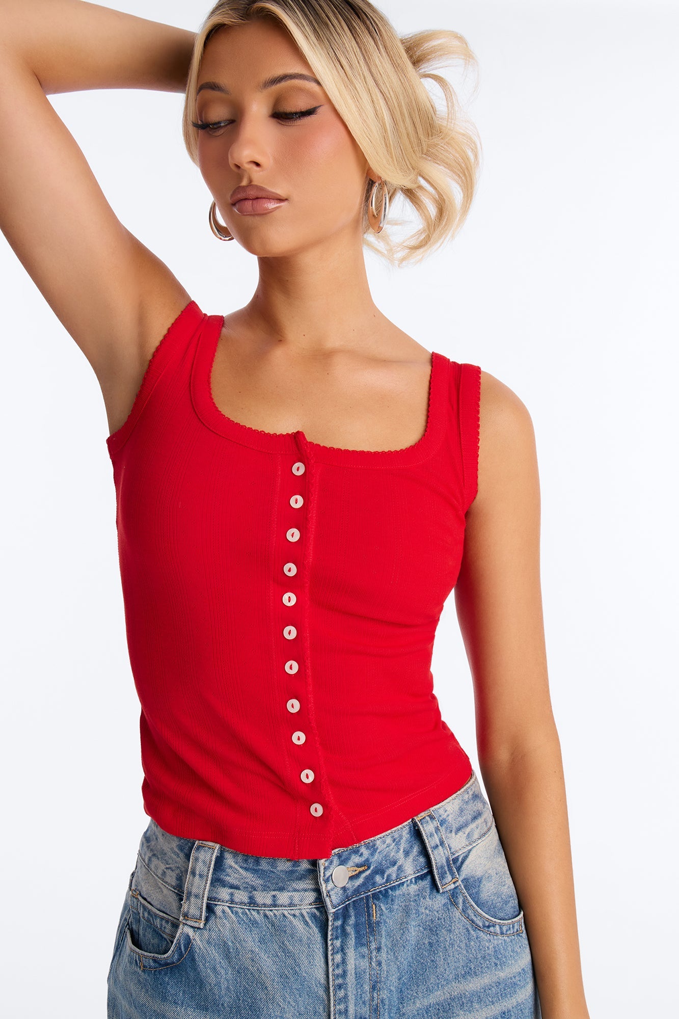 Pointelle Button Front Scoop Neck Tank Top - Red