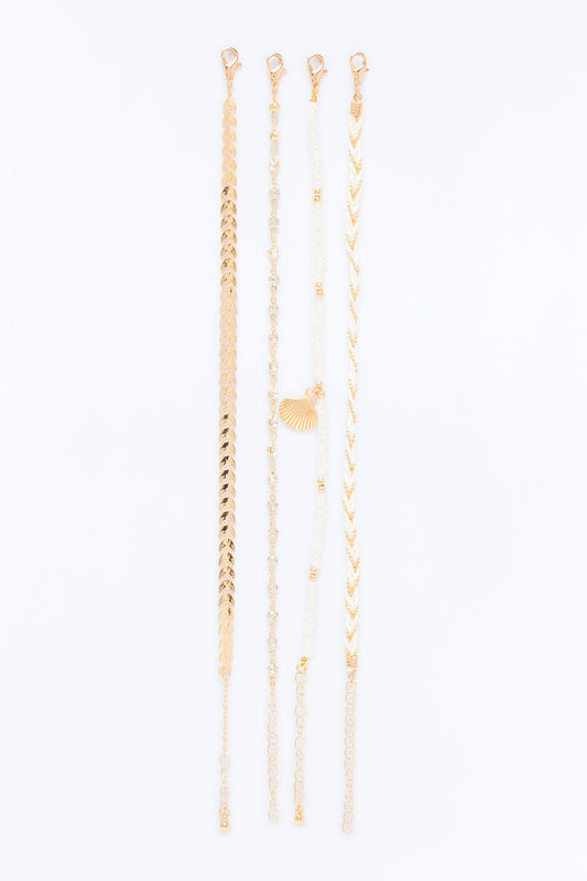 Calm And Collected 4 Piece Anklet Set - White/Gold