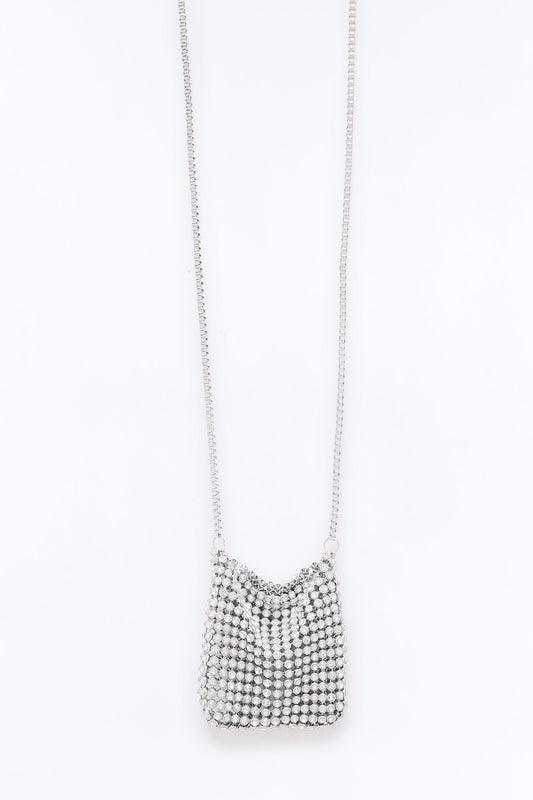 Pocket Full Of Rhinestone Handbag Necklace - Silver