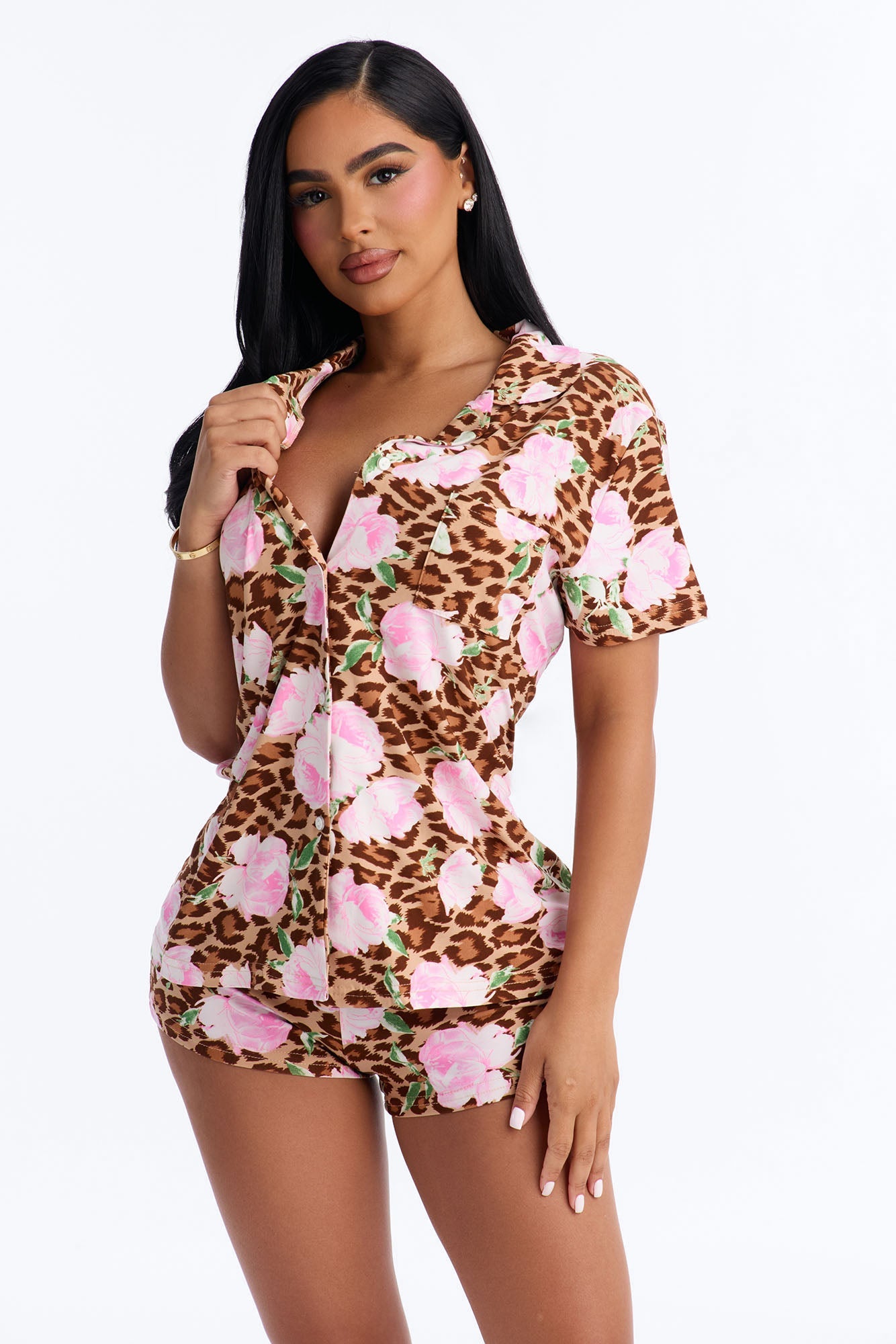 Wild Roses PJ Short Set - Brown/combo
