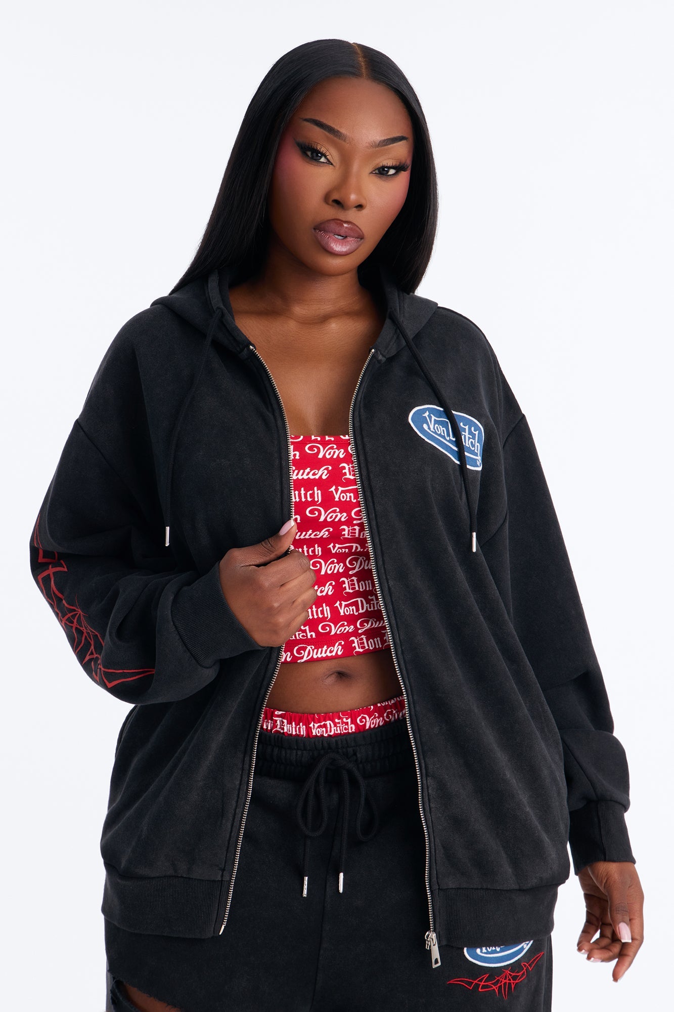 Von Dutch Logo Washed Zip Up Hoodie - Black Wash
