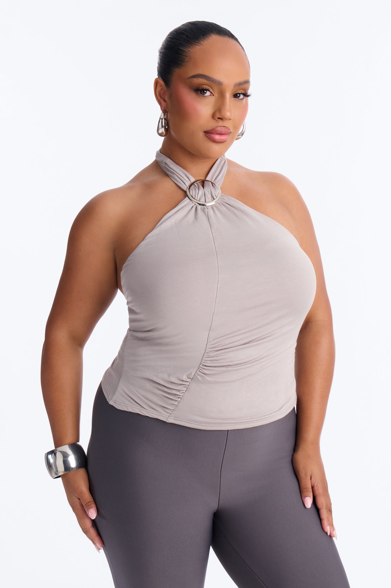Izzie Hardware Ruched Halter Top - Grey