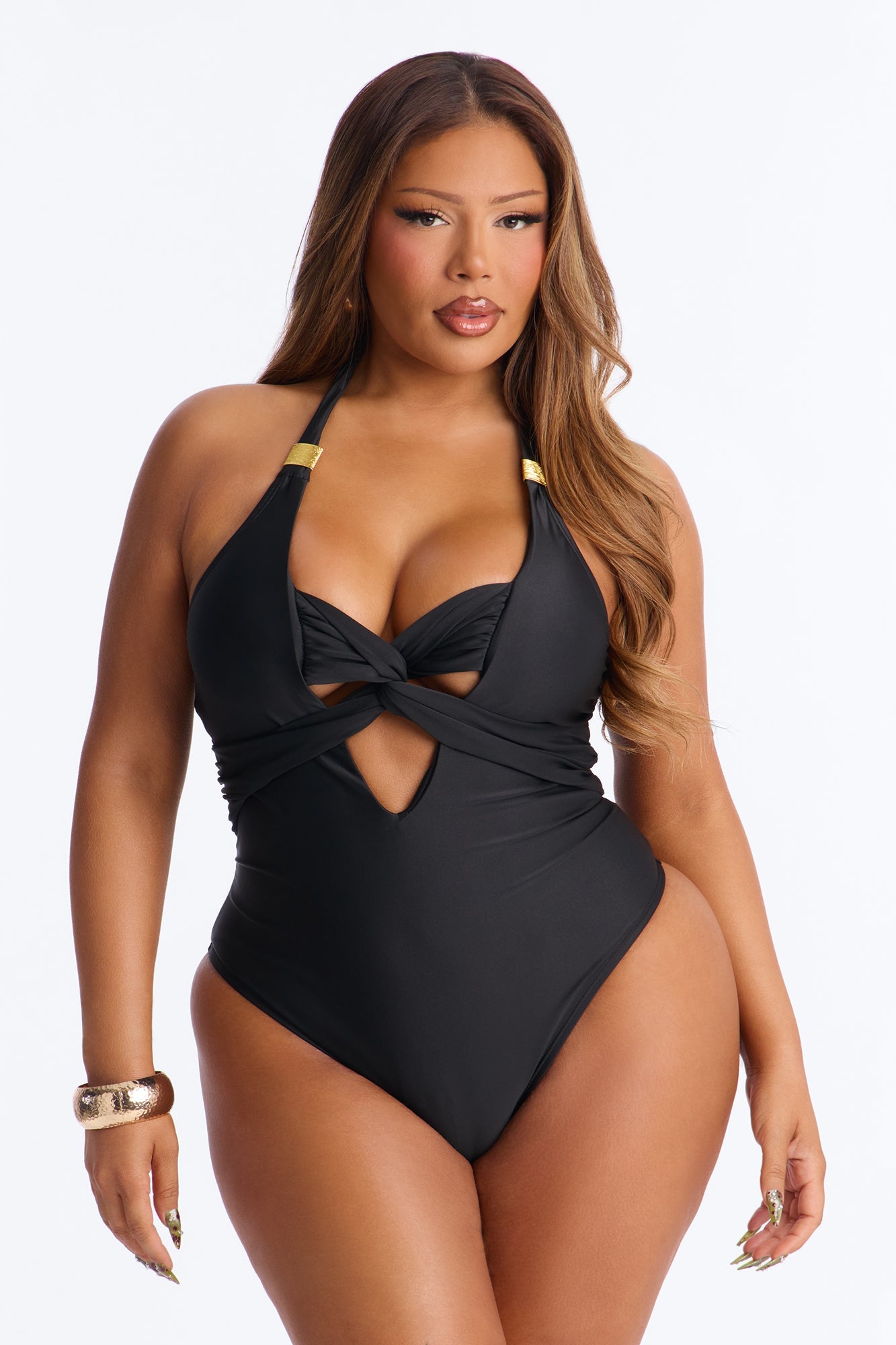 Sand Castle Twisted Cut Out Hardware 1 Piece Swimsuit - Black