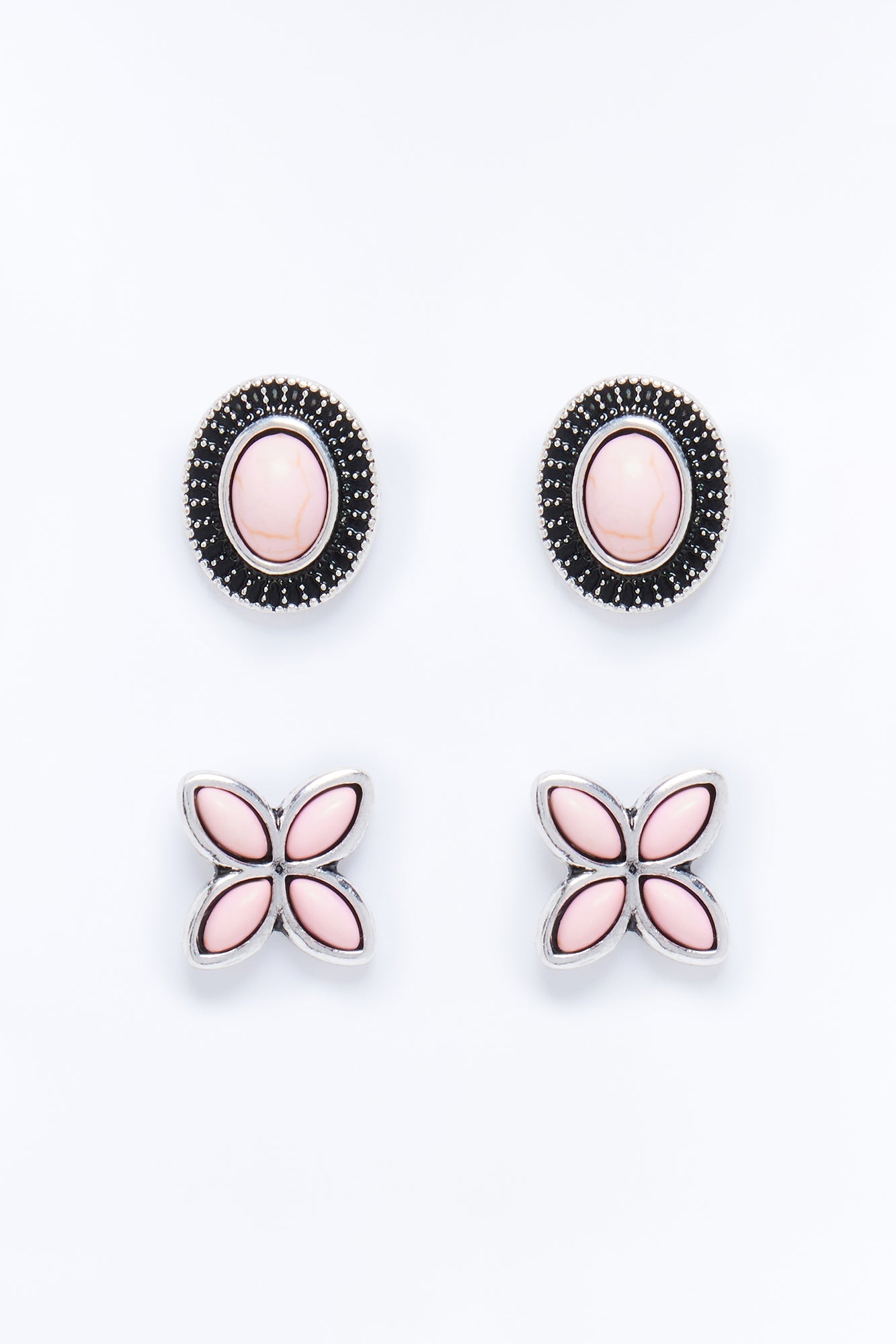 Jeweled Stone 2 Pair Earring Set - Silver/Combo
