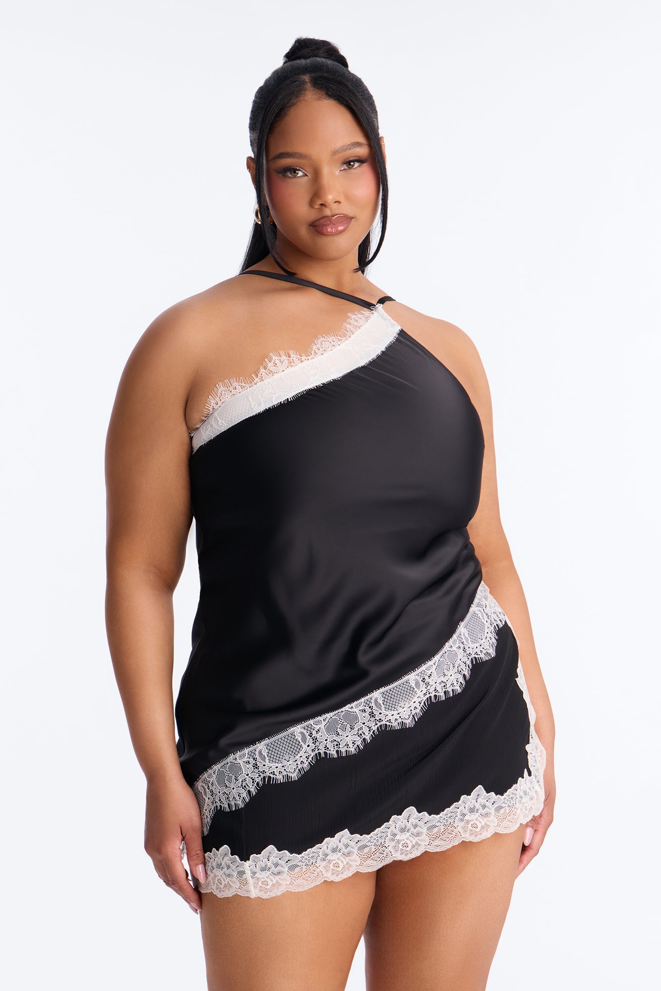 Summer's Little Secret Lace Trim Satin Top - Black/combo