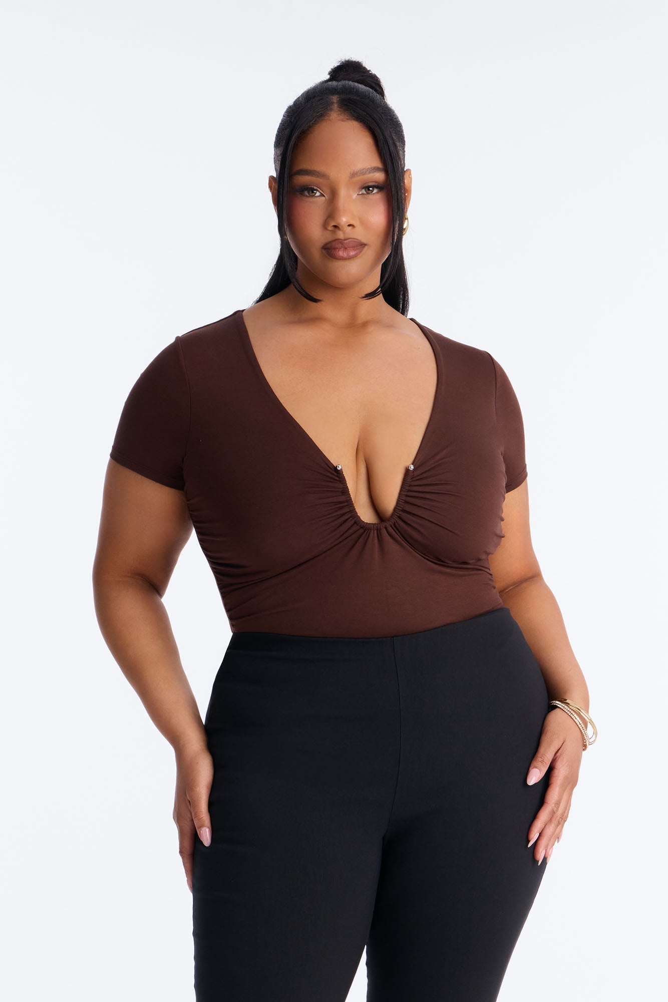 Danielle Deep V Neck Short Sleeve Bodysuit - Brown