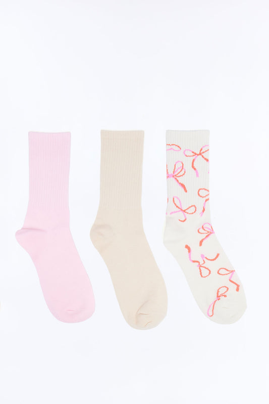 Bows And Promises 3 Pack Crew Socks - Pink/combo