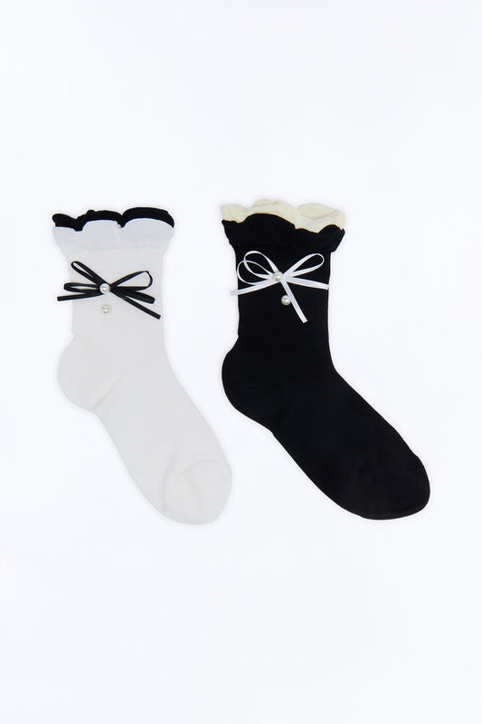 Bows And Pearls 2 Pack Crew Socks - Cream/combo