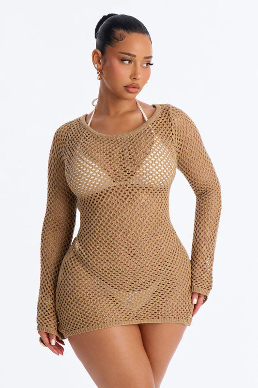 Cassie Crochet Deep Scoop Backless Cover Up Dress - Tan