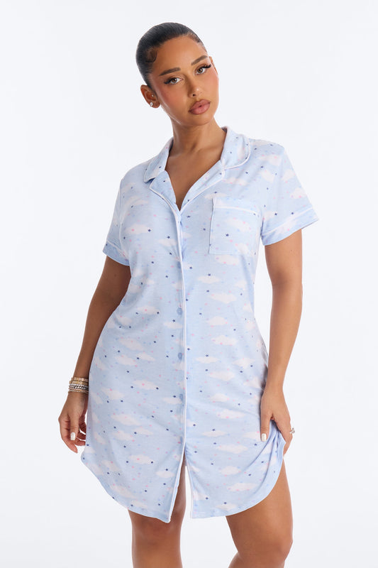 Cloudy Stars Sleep Shirt - Light Blue