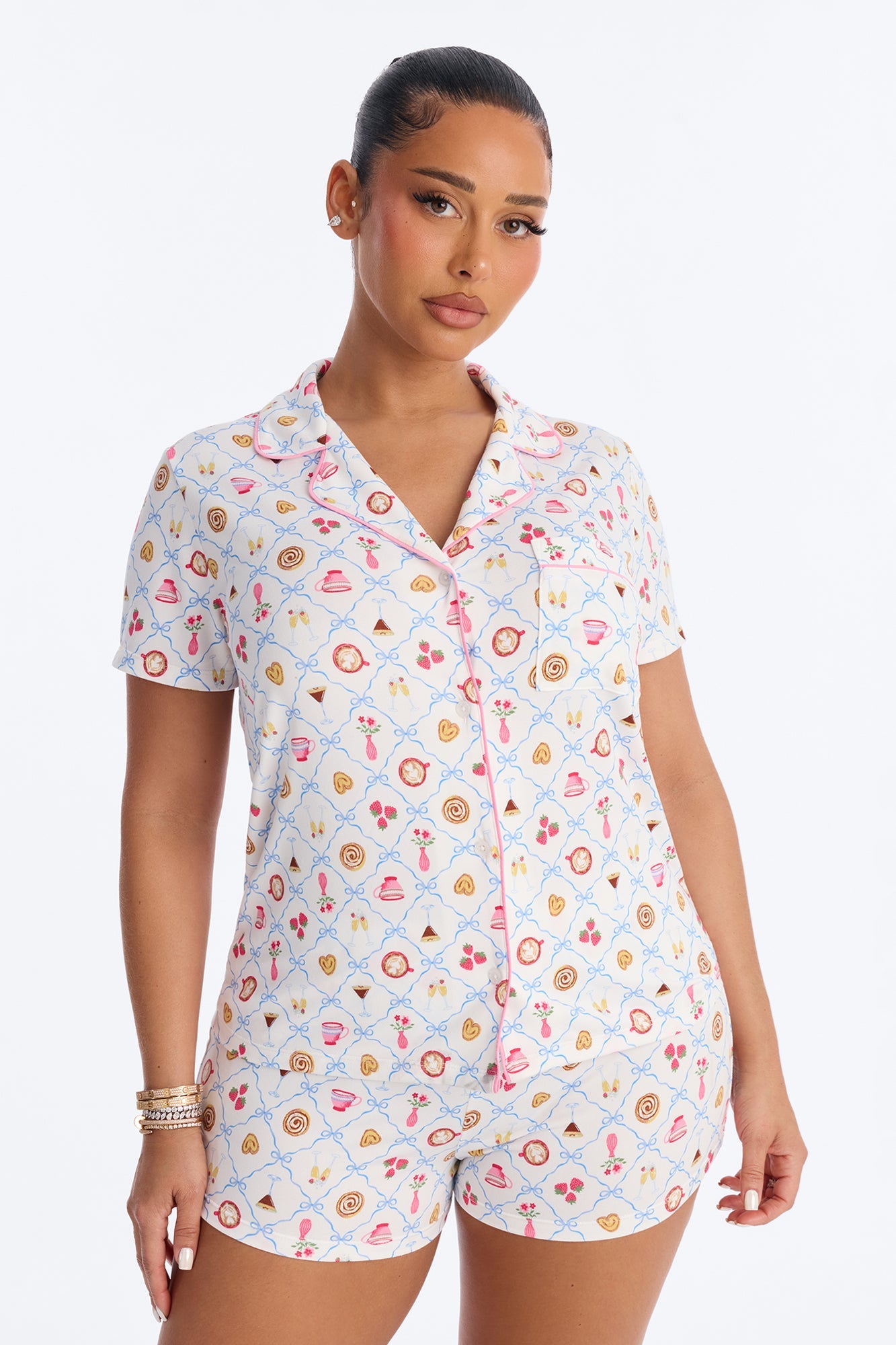 Girls Brunch Notch Collar PJ Short Set - White/combo