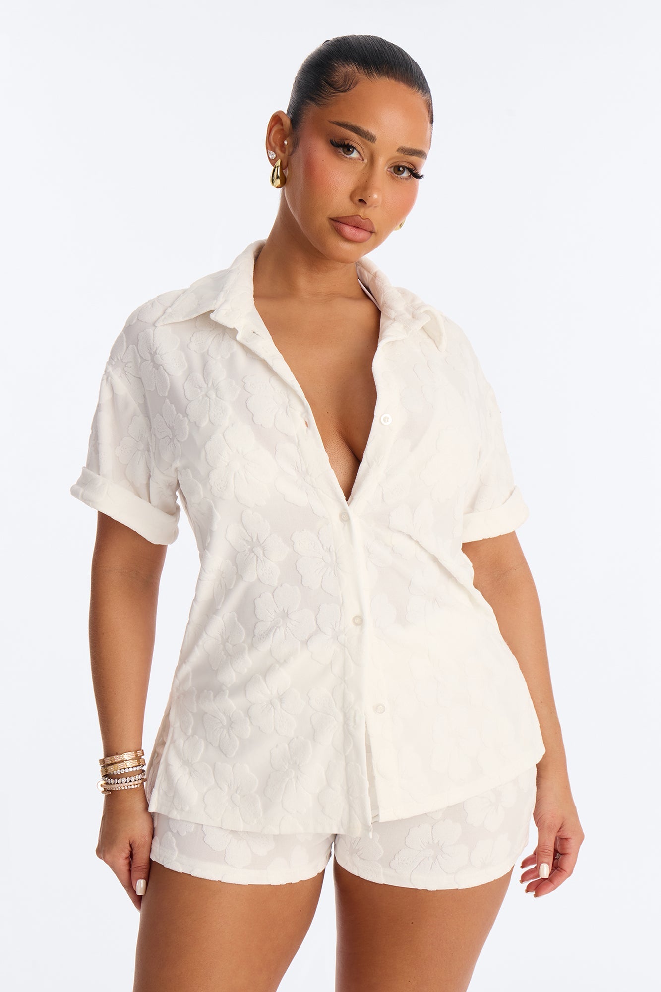 Cristal Textured Swim Cover Up Short Set - White