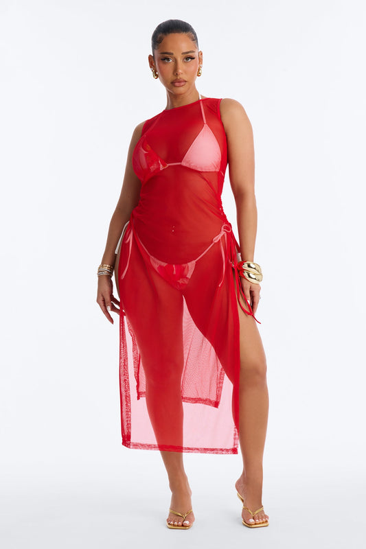 Sheer Thing Mesh Swim Cover Up Dress - Red