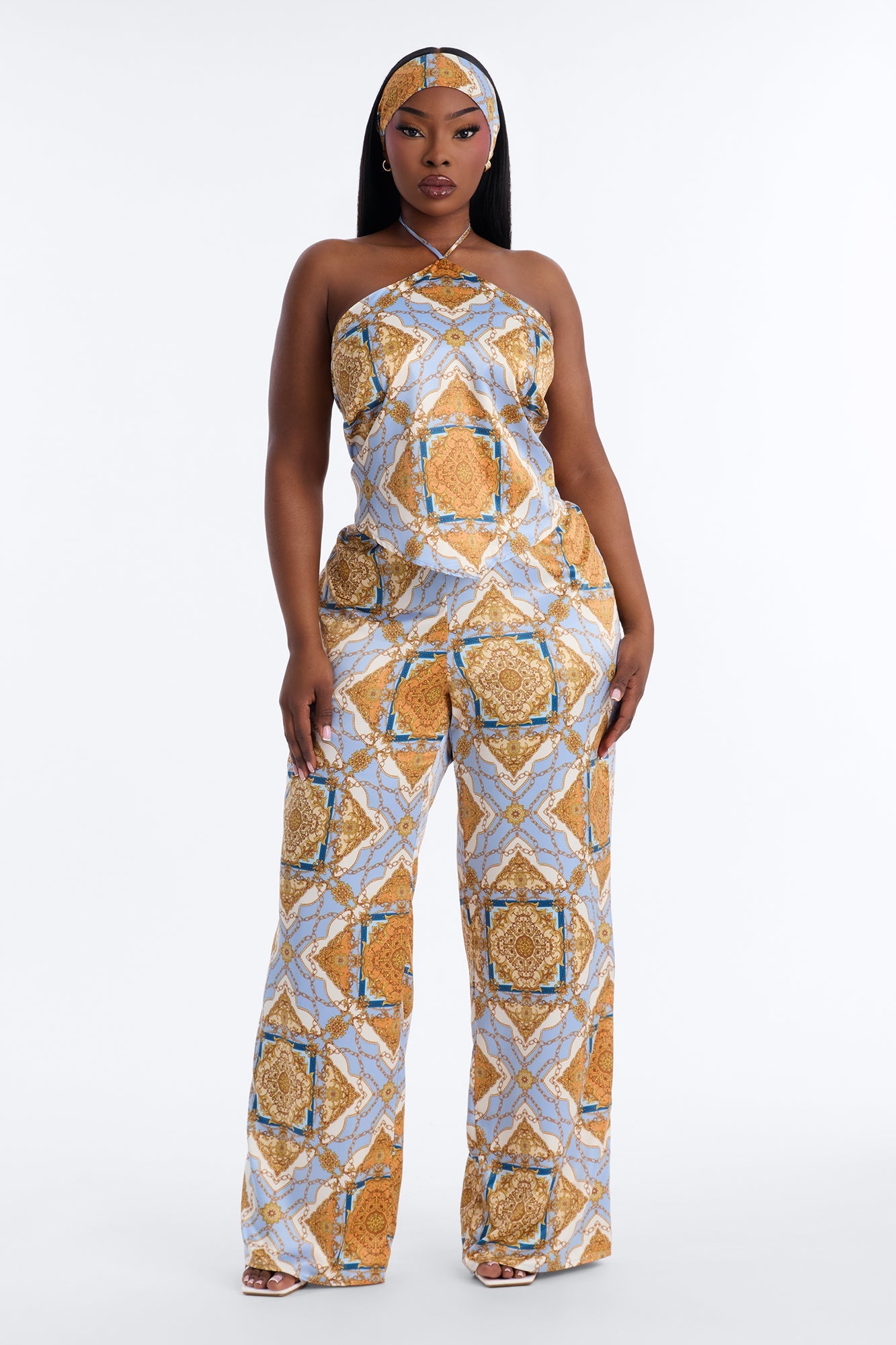Nadia Satin 3 Piece Pant Set - Blue/combo