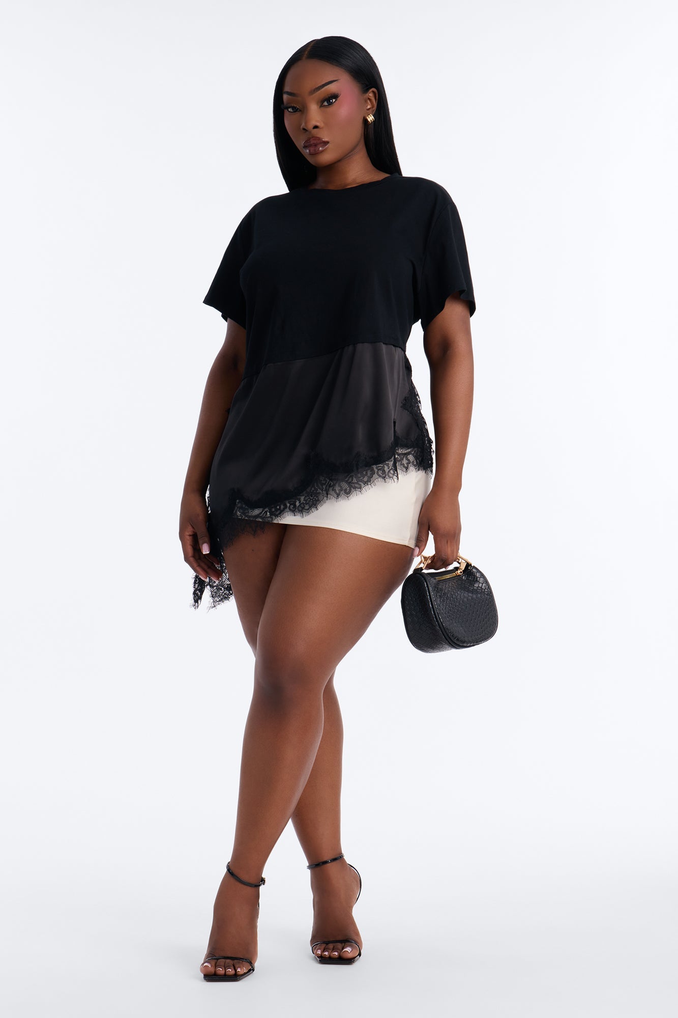 Mia Long Asymmetrical Lace Trim Short Sleeve T-Shirt - Black