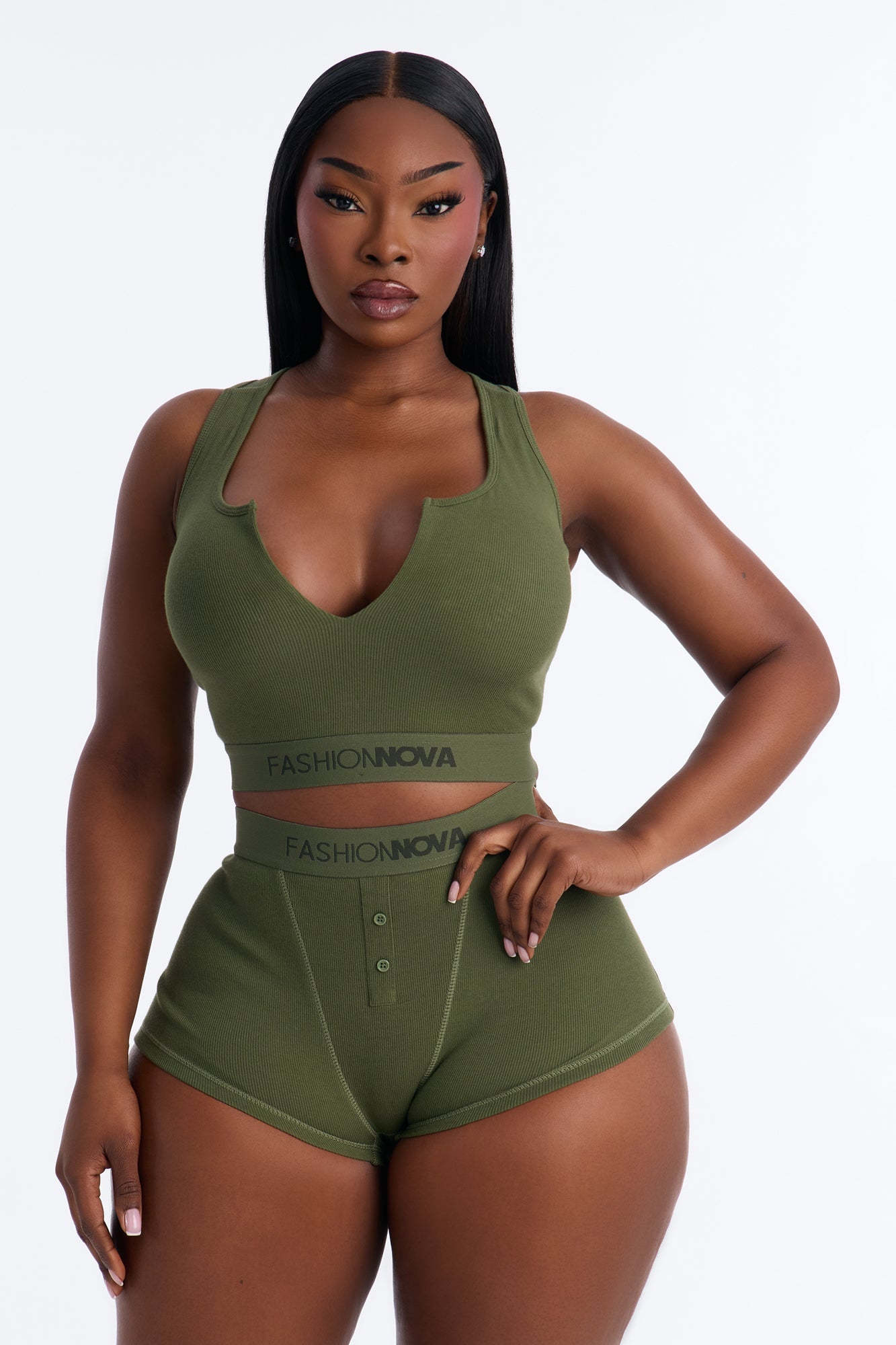 FN Mood Cotton Bralette Boxer Short Ribbed Set - Olive