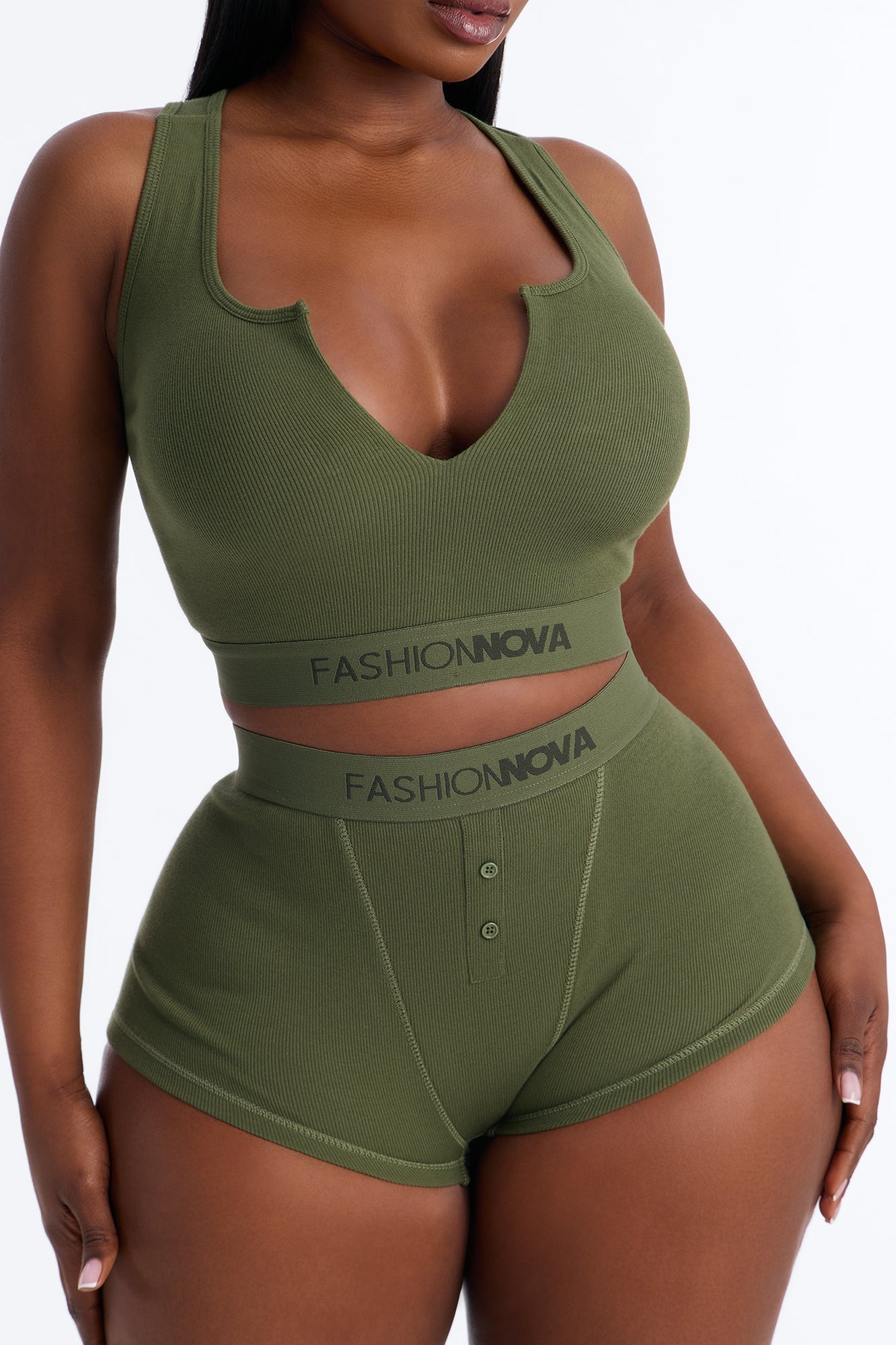 FN Mood Cotton Bralette Boxer Short Ribbed Set - Olive