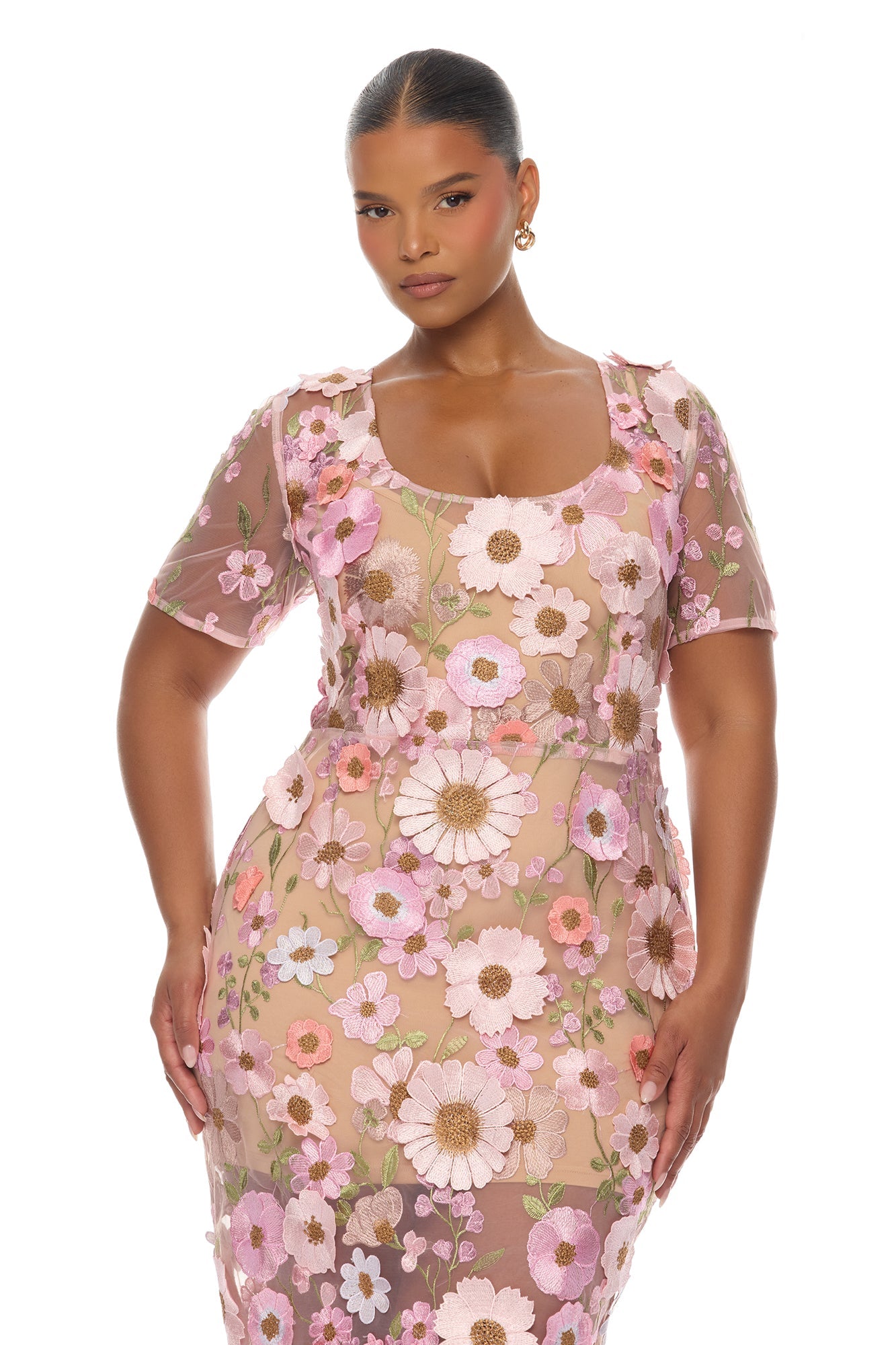 Rosewood Floral Embroidered Mesh Midi Dress - Pink/combo