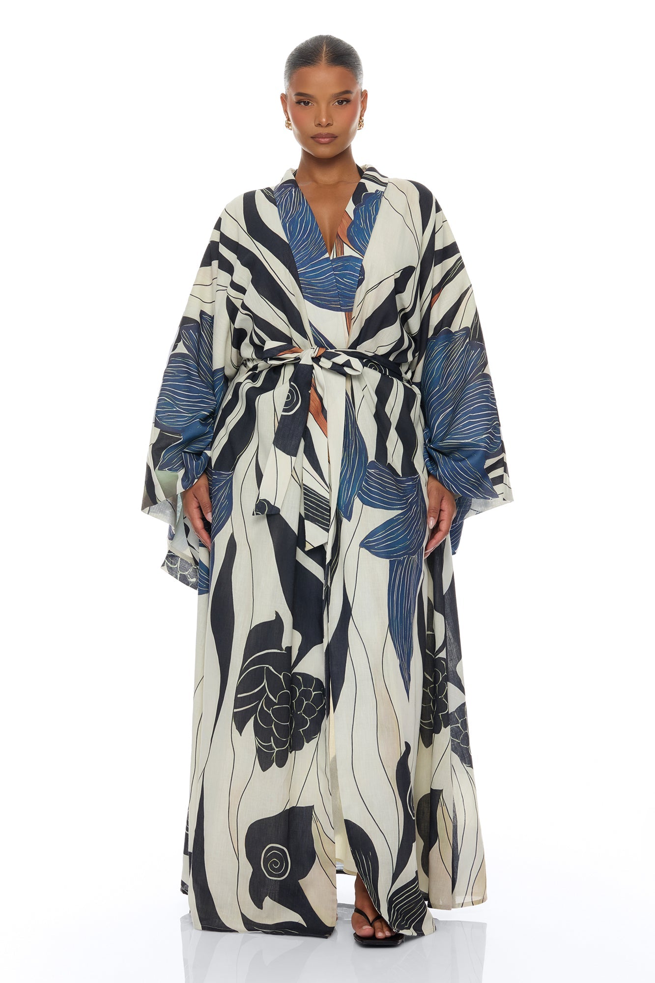 Daniella Bell Sleeve Linen Kimono - Navy/combo