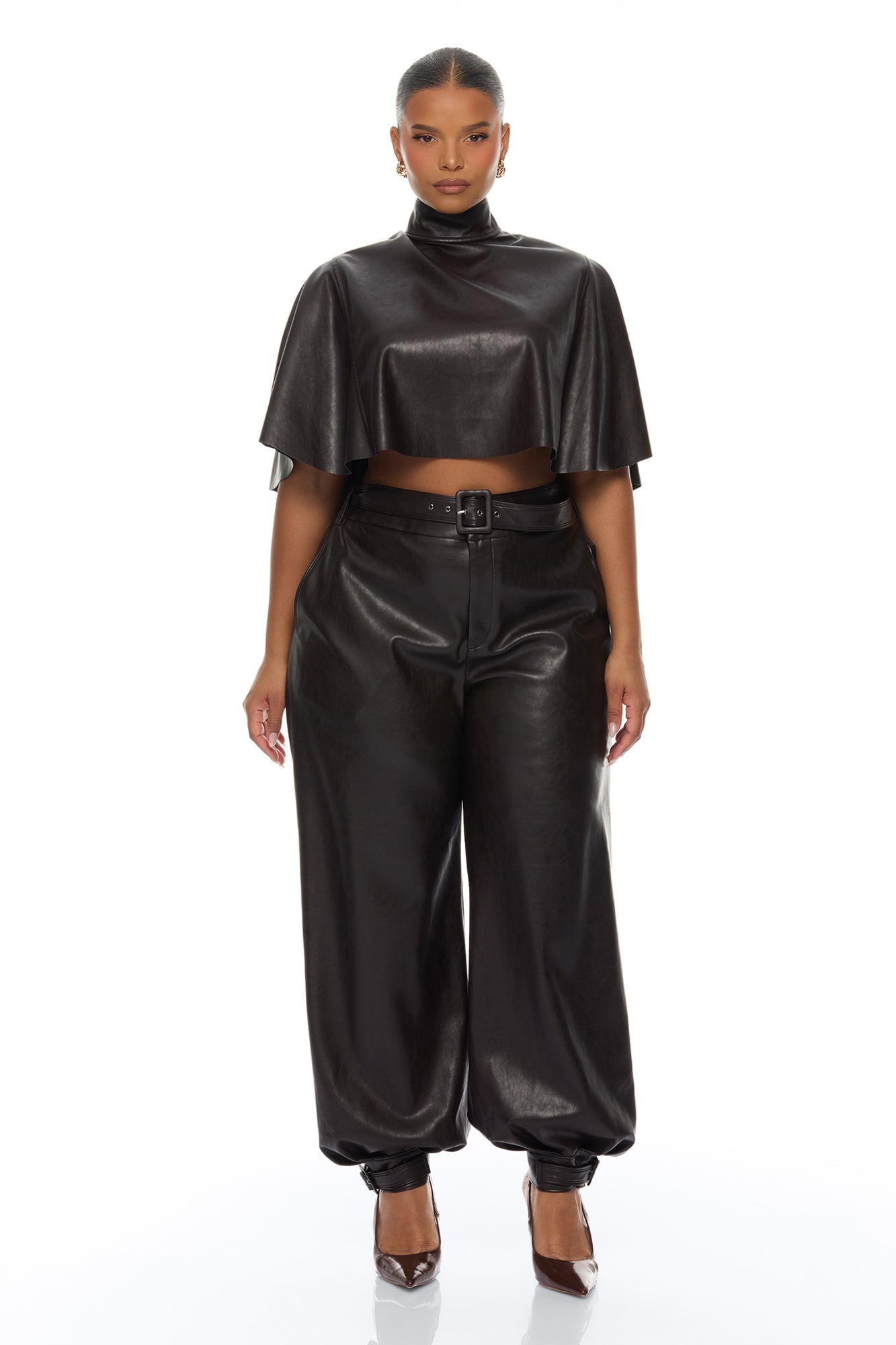 City Streets Faux Leather Balloon Pant Set - Chocolate