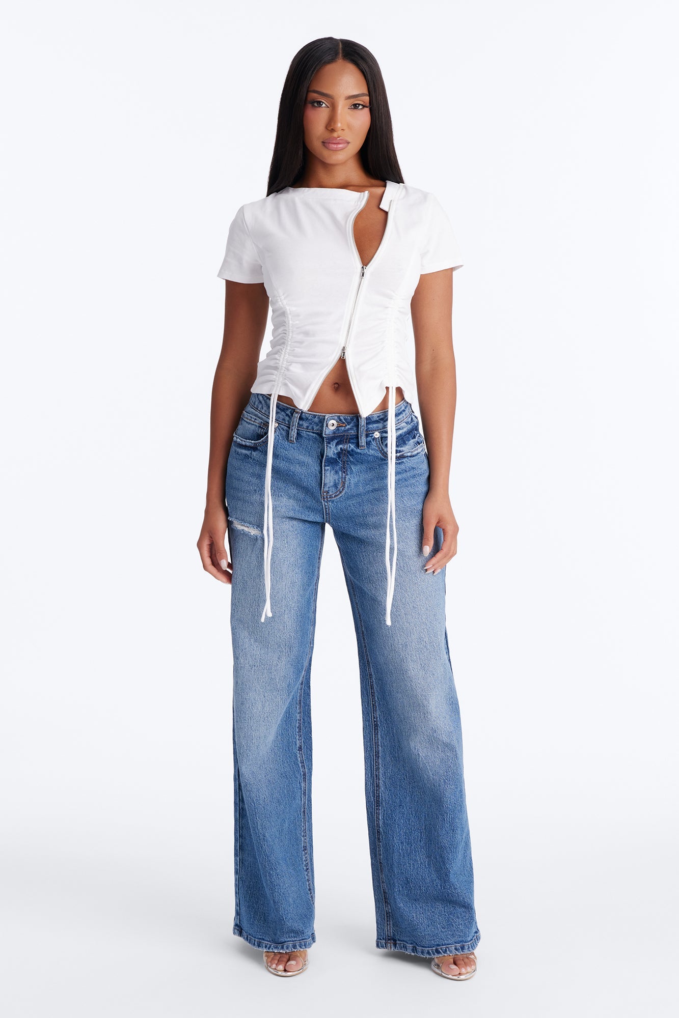 Unzip Me Ruched Short Sleeve Top - White