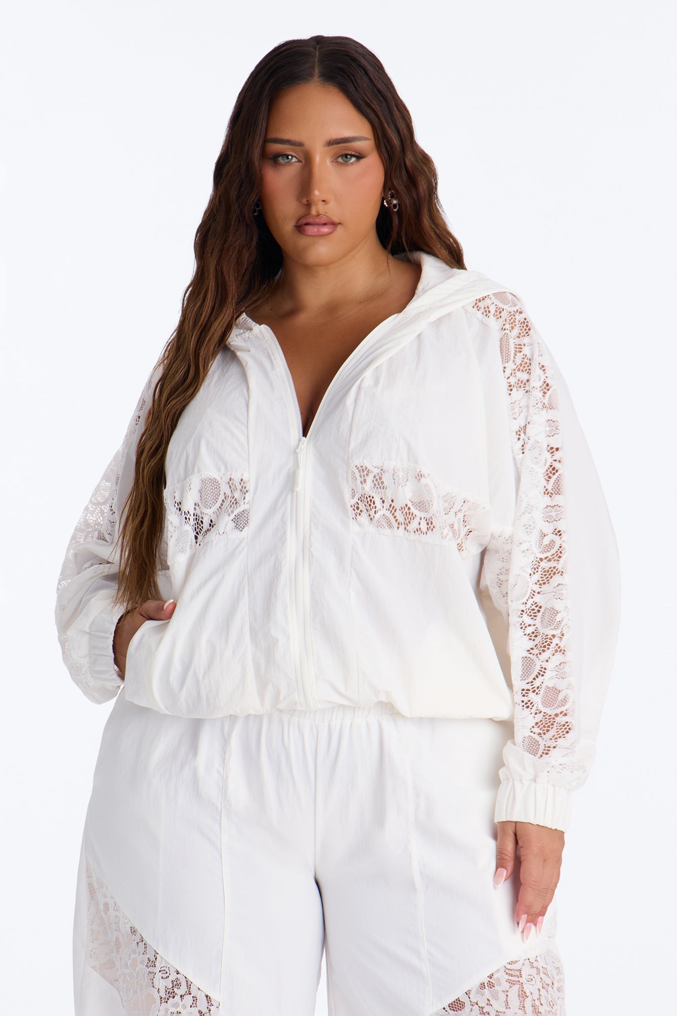 Sweet Addiction Lace Trim Windbreaker Jacket - White
