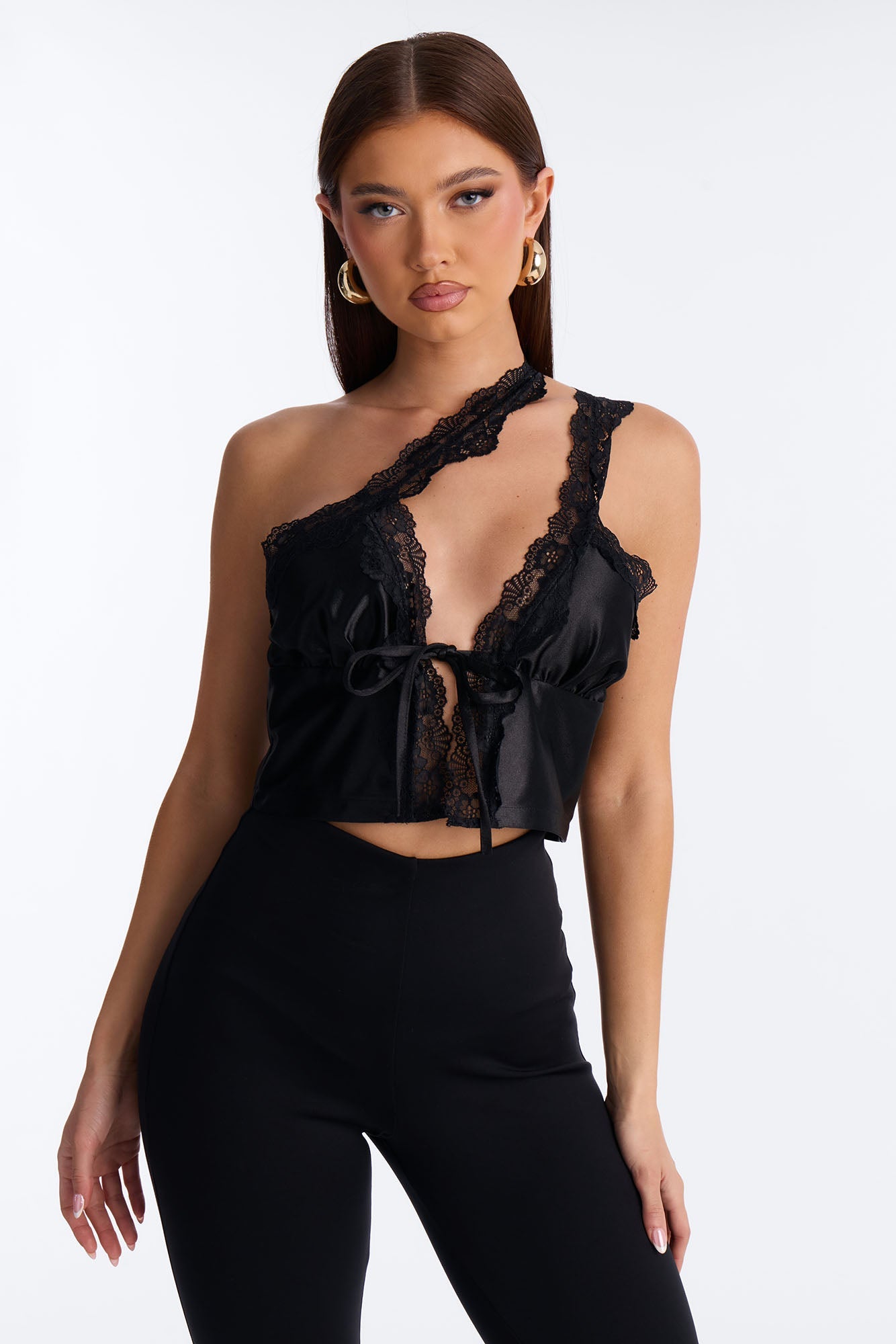 Melanie Satin Lace Trim One Shoulder Flyaway Top - Black