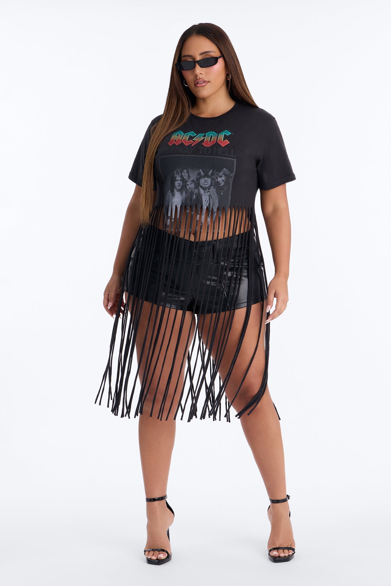 ACDC Highway To Hell Fringe Rhinestone Tee - Black