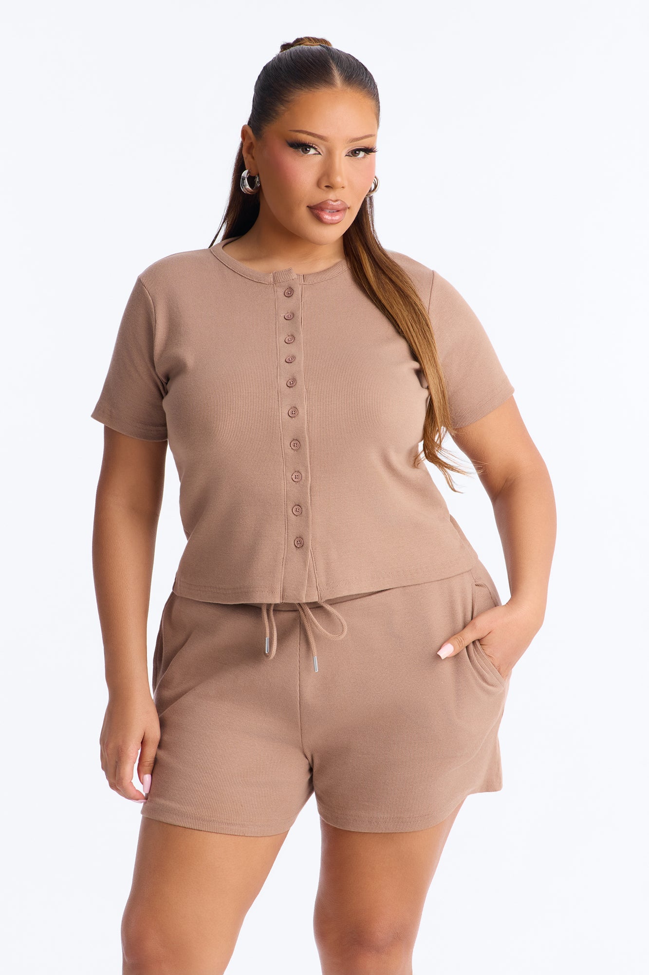 Hailey Ribbed Short Set - Mocha